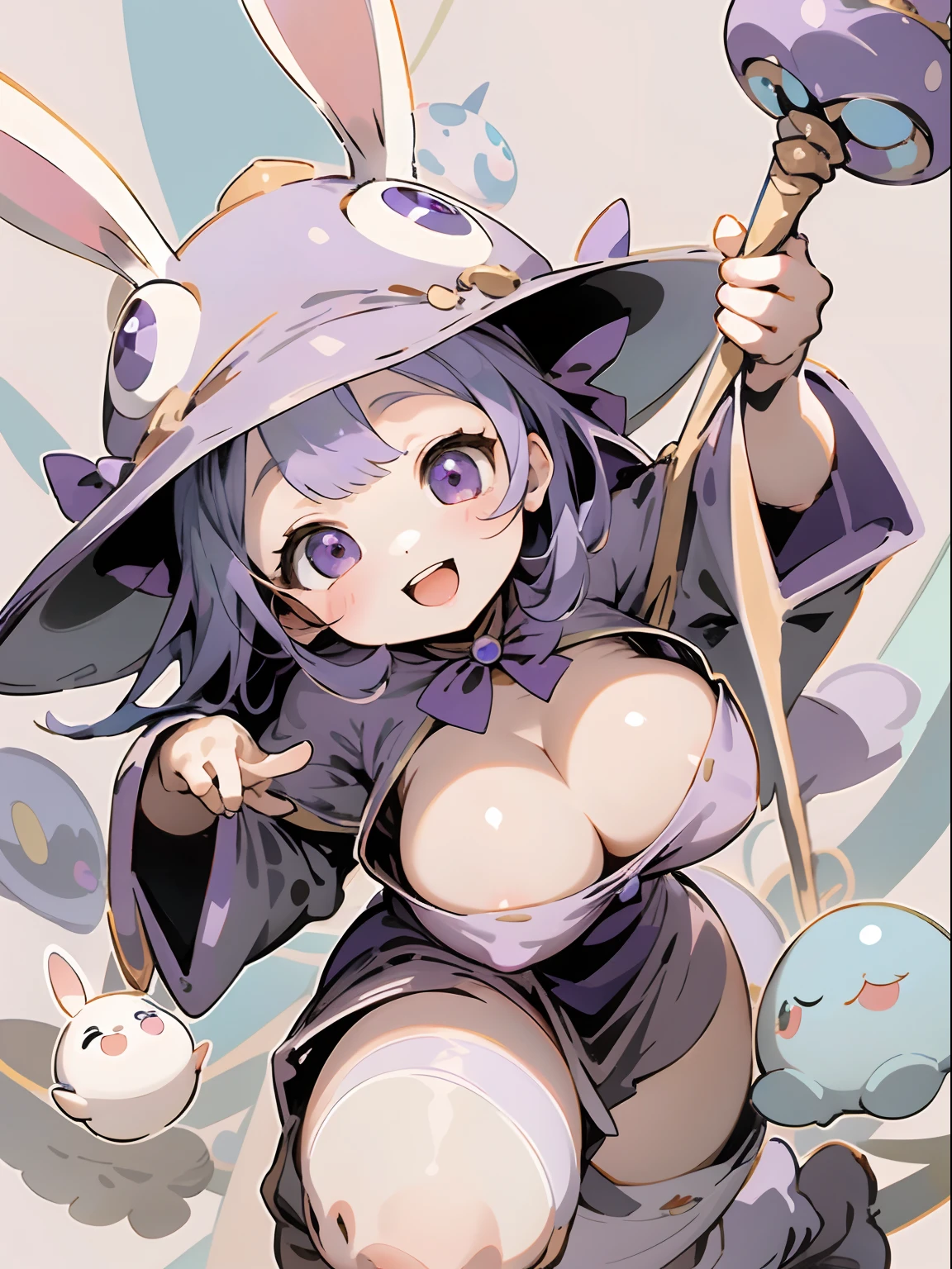best qualtiy、Horizontal Angle、1girl in、sideways Facing、Baby face、Smile with open mouth、Cute Wizard、Round cute eyes、big eye、Sauce order、Beautiful purple eyes、Rabbit ears、Wizard's Clothing、The wizard's big wand、Colossal tits、cleavage of the breast、Wizard Hat、Perch Pose、simple background、