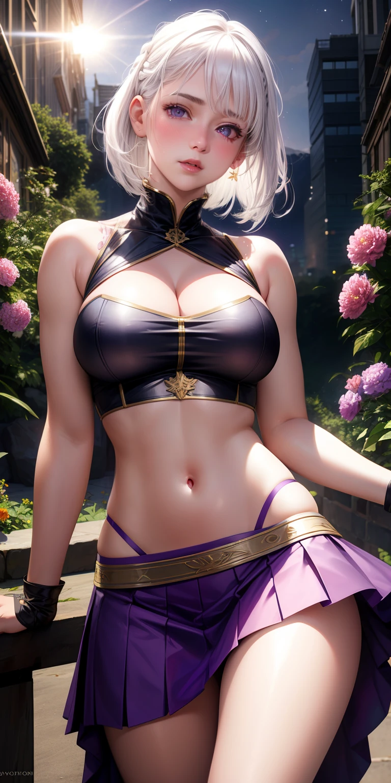 realistic, 1girl, white hair, purple eyes, glowing eyes, crop top, exposed cleavage, skirt, parted lips, blush, night, flowers, sun, sunlight,
