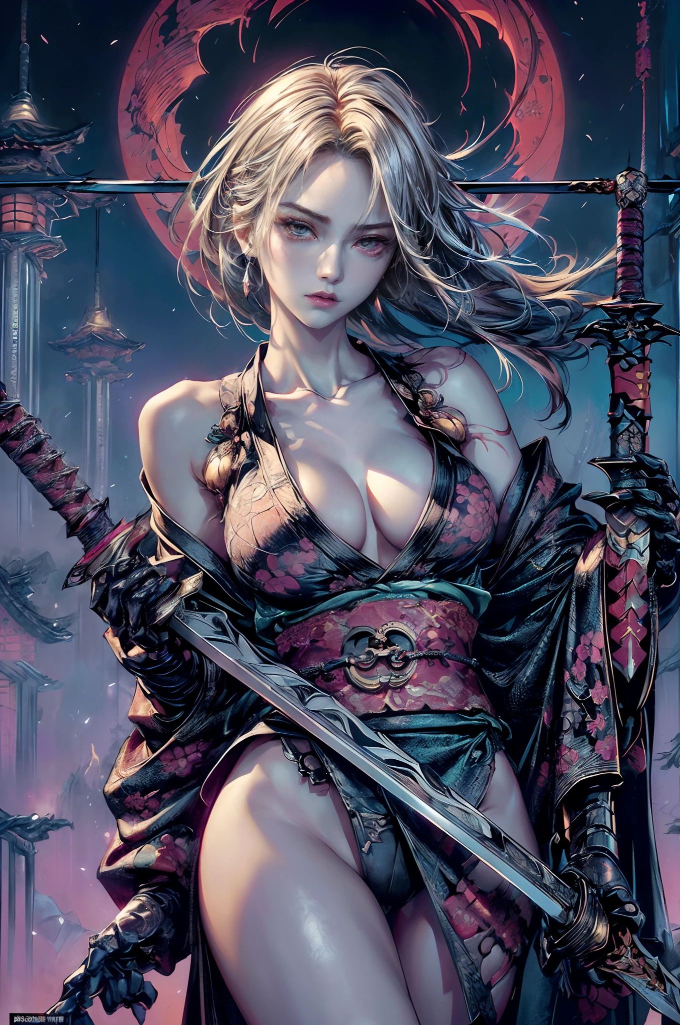 Cinematic lighting,super detailed skin、Beautiful detailed eyes、Best Quality,cyberpunked,(Alternative、dim colors, Soothing tones:1.3),NSFW(1beautiful woman、Detailed beautiful facial features:1.3)(well-shaped breasts、Exposed shoulders、Chinese Kimono Kimono、Ripped clothes:1.2).(Large Weapon、model poses:1.5)Predawn sky、Destroyed temples、(Mechanical Moon:1.2)