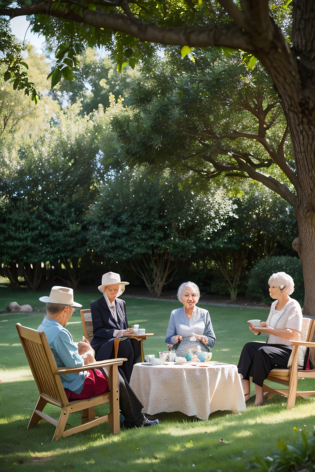 A group of elderly people drinking tea under a tree