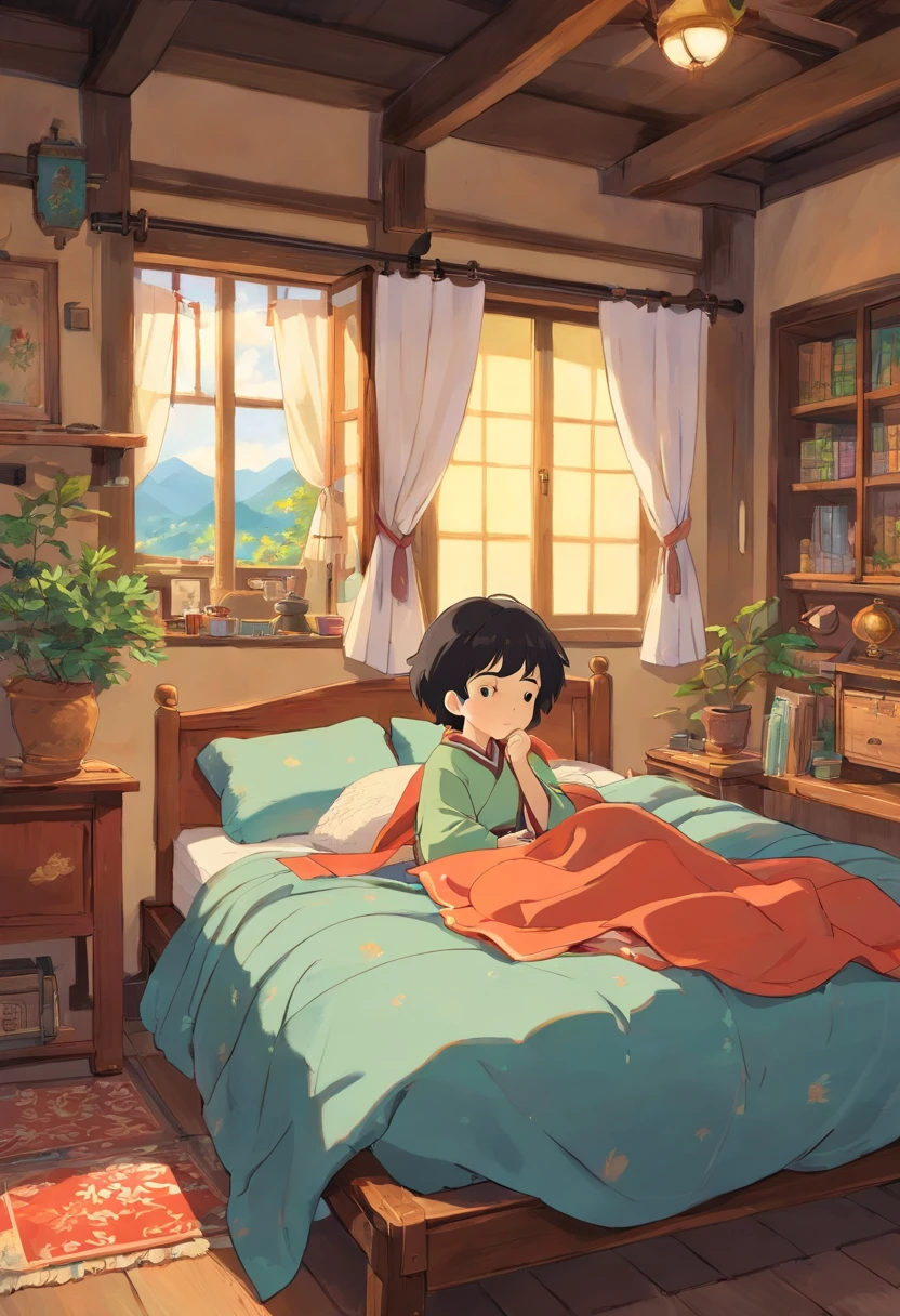 Zhuang style room,There are beds,There was a boy sleeping on the bed covered with a quilt,Short black hair,There is a table next to the window,natta