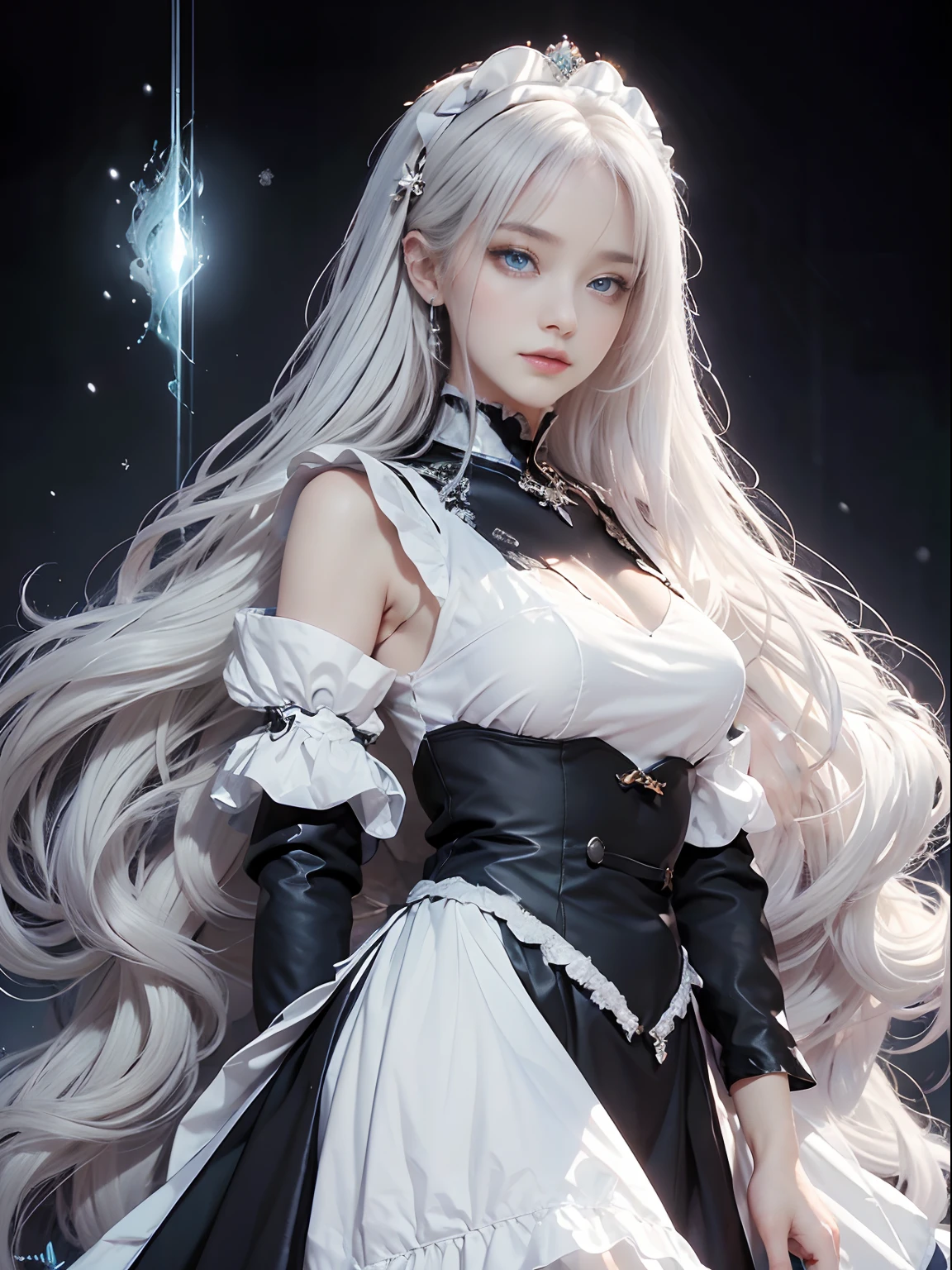 (tmasterpiece, topquality, beste-Qualit, official arts, Beautiful and aesthetically pleasing: 1.2), (1 girl), (30 years: 1.3), (Milf: 1.4), extremely detialed, (s fractal art: 1.3), (Shiny snow-white hair:1.5), (Unnaturally bright blue eyes: 1.4), (Dynamic blue glow in the eyes:1.3), (a goddess: 1.3), (Unbelievably hottie: 1.3), Depiction of the Goddess, Face of the Goddess, colourful, Extreme detailing, a perfect face, upper-body, HDR, (White gold cloak lines: 1.2), galaxy, stunning visual, (dynamic stripes, Glowing footprints: 1.2), bright colours, (Black and White Maid Outfit: 1.5), (housemaid: 1.3), (The highest elegance: 1.6), (Void Background), (Background Darkness: 1.1), (Eyes shining with magical energy: 1.7)