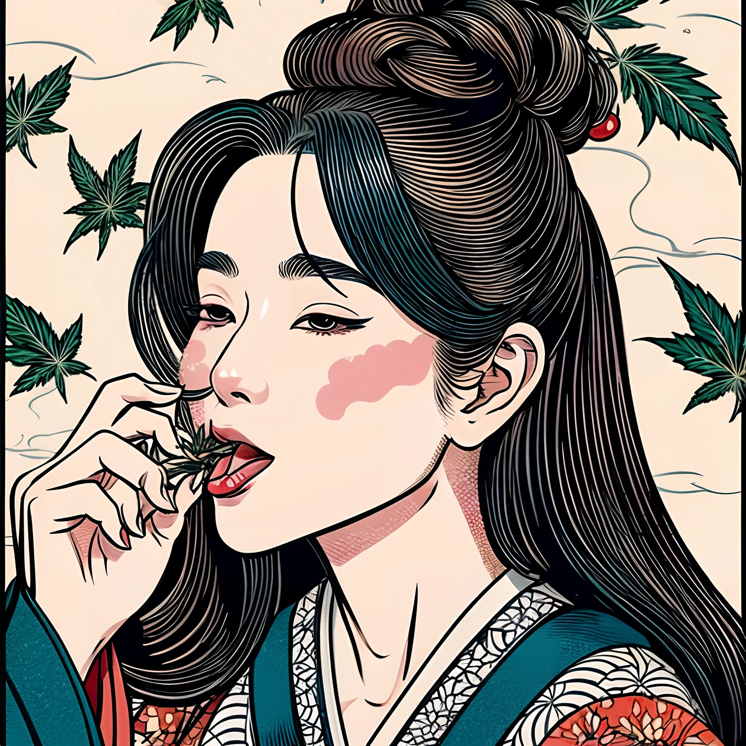 Ukiyo-e prints of Japan、1 woman、Smoking cannabis and blowing smoke、sticking out the tongue、Wearing a kimono with a cannabis pattern、black-and-white、ahe face