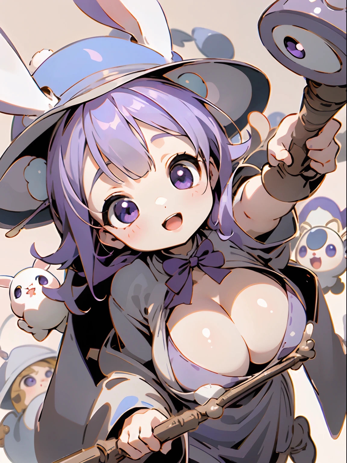 best qualtiy、Horizontal Angle、1girl in、sideways Facing、、Smile with open mouth、Cute Wizard、Round cute eyes、big eye、Sauce order、Beautiful purple eyes、Rabbit ears、Wizard's Clothing、The wizard's big wand、Colossal tits、cleavage of the breast、Wizard Hat、Perch Pose、simple background、