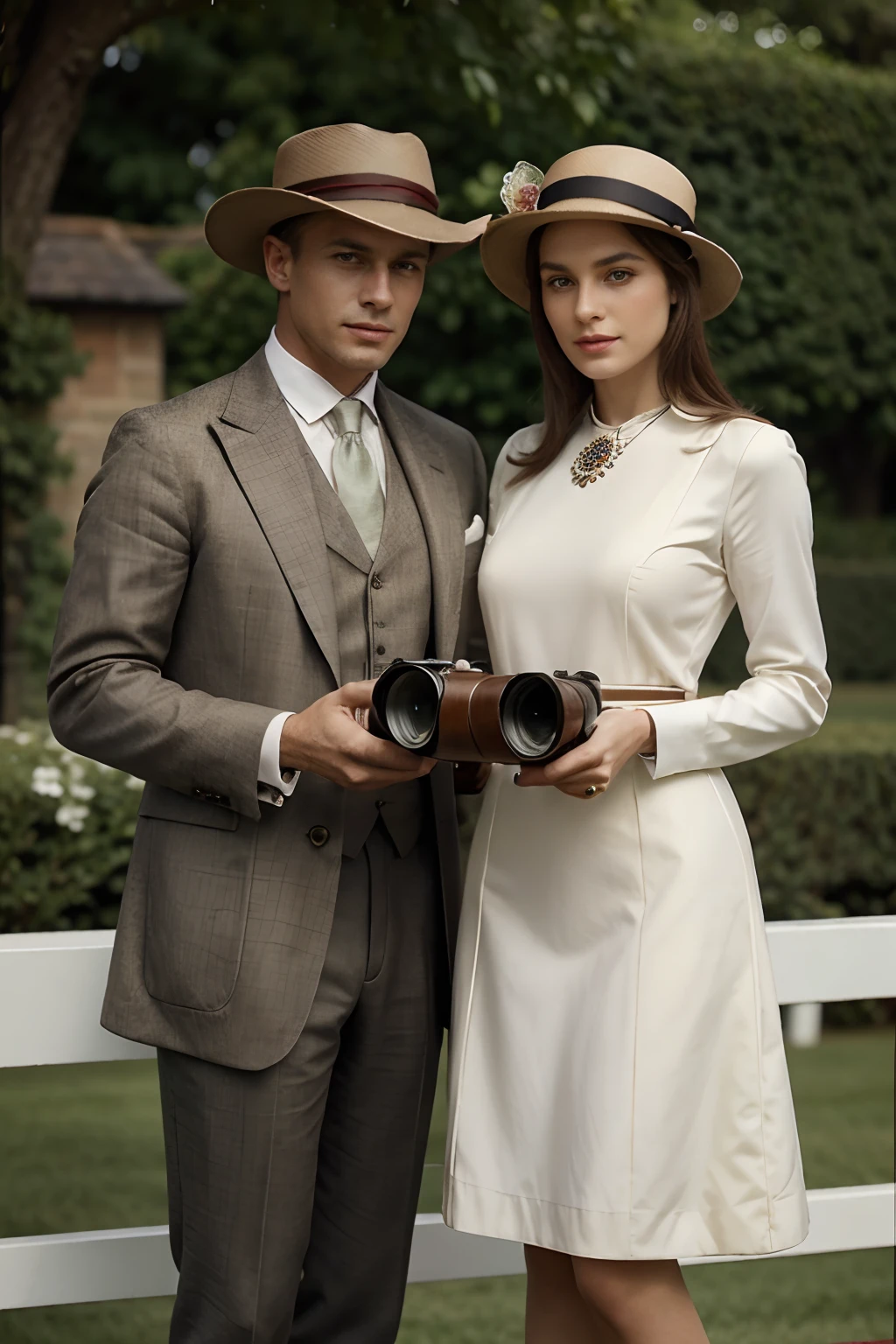 England spring year 1930, horse racing, men with hats, period clothes and binoculars, very elegant women, original hats, loaded with jewels in their hands. hyperrealistic