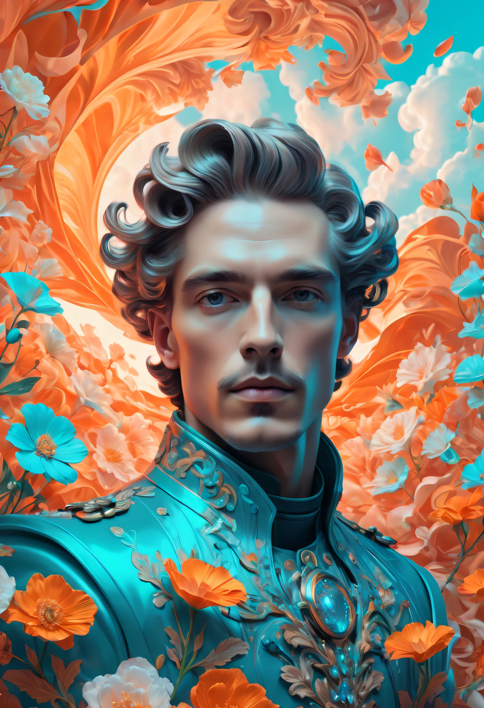 a man is inside many floral and floral petals, in the style of sci-fi baroque, futuristic chromatic waves, rococo portraitures, redshift, detailed skies, powerful portraits, orange and cyan