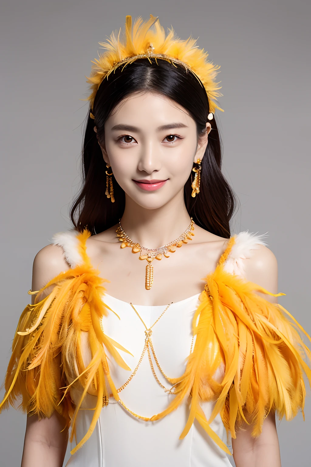 (extra detailed body、extra detailed face、best qualtiy:1.2)、femele、looking at the viewers、(a smile、Clothes with strong yellow contrast, Orange and white、Asymmetry、Earrings on bird feathers up to the shoulders、a necklace、)
