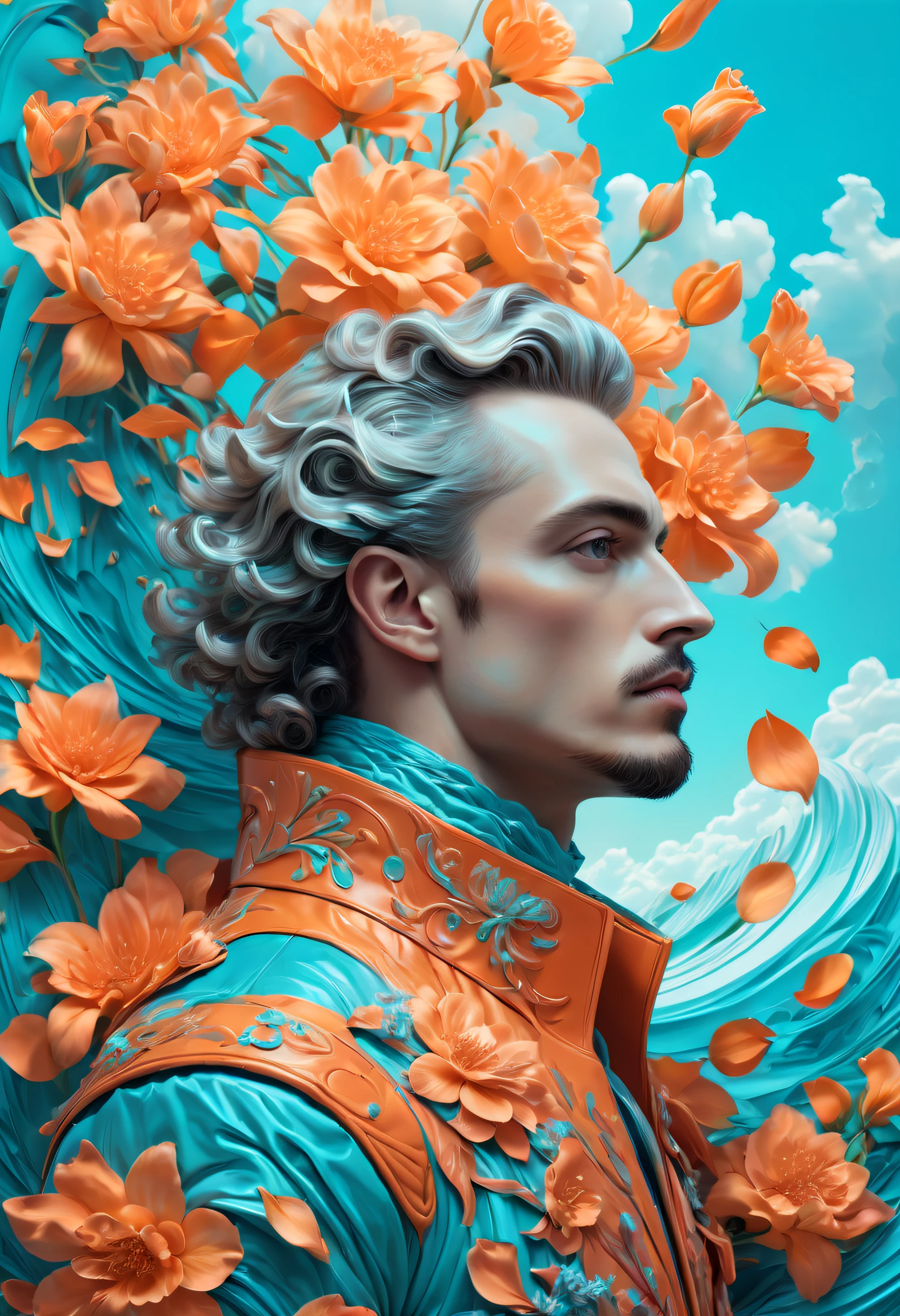 a man is inside many floral and floral petals, in the style of sci-fi baroque, futuristic chromatic waves, rococo portraitures, redshift, detailed skies, powerful portraits, orange and cyan