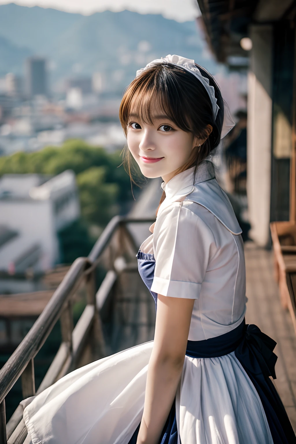 masterpiece、4K、top-quality、beautiful Korean women、detail portrayal、1 girl in、23years old、(Anime Maid:1.2)、open terrace、(filmg, Ilford HP5, 80mm)、 depth of fields、cowboy shot、ssmile、Forward leaning position