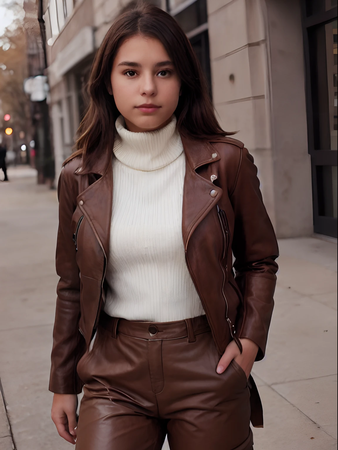 ung girl, brown leather jacket with cream turtleneck, under brown cargo pants