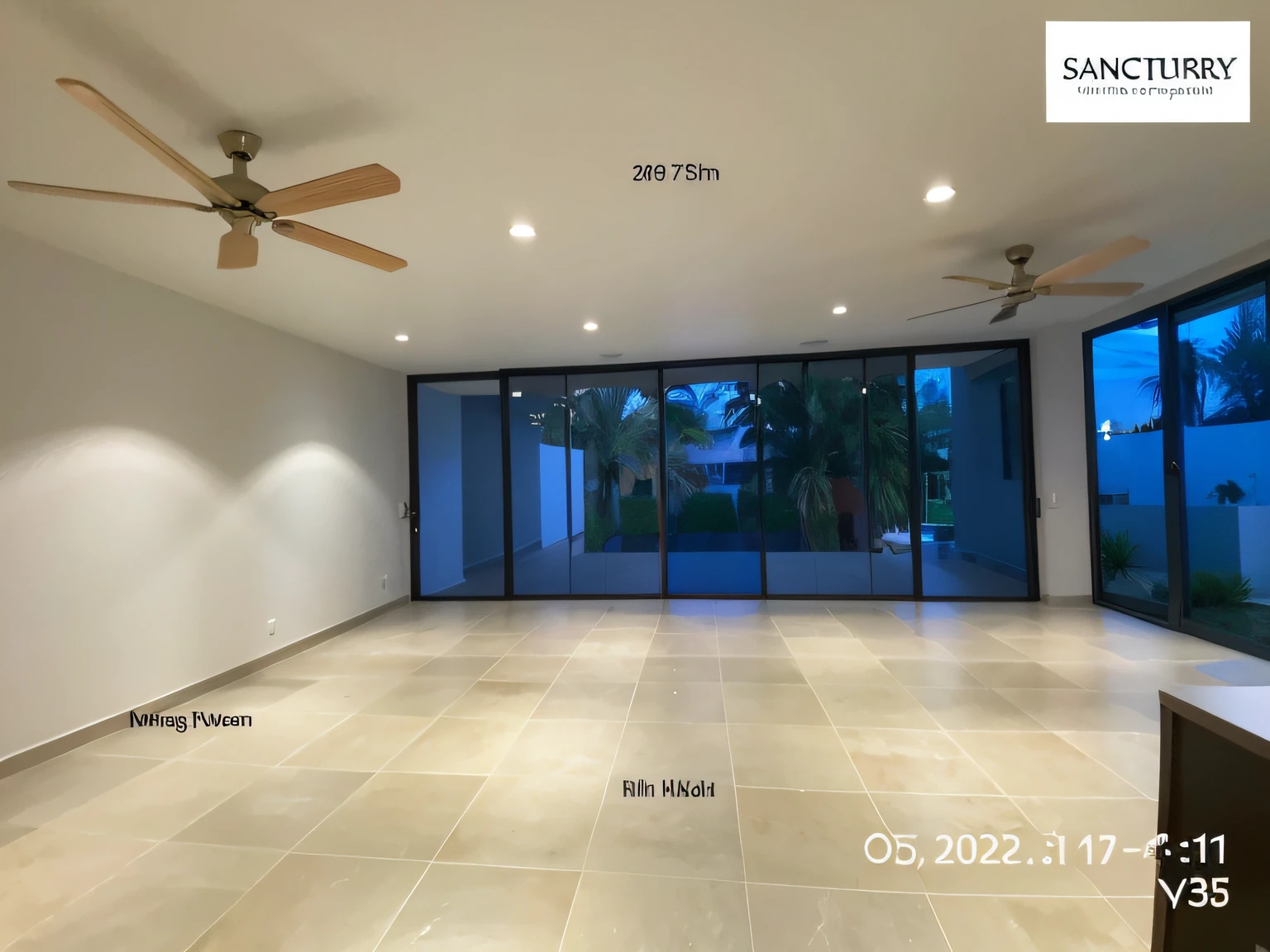 a close up of a room with a ceiling fan and a large window, ground level view, listing image, ground-level view, ground - level view, wide angle exterior 2022, photo from 2022, ground level camera view, ultra wide angle view, very wide angle view, panoramic widescreen view, big open floor 8 k