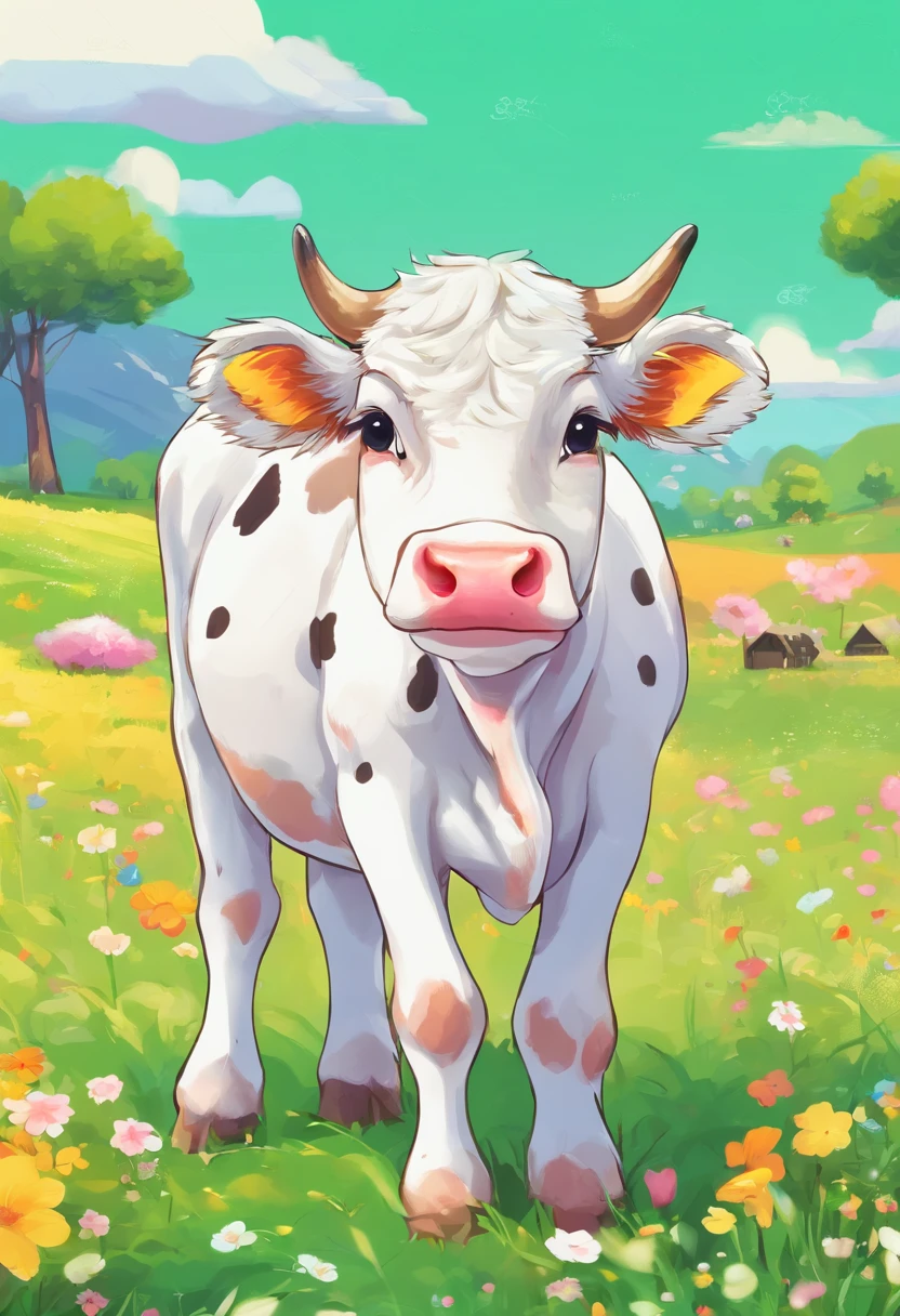 Super cute white cow with black spots standing, Green meadow, beautiful landscape, winter, springtime, letho, winter, Feed Factory, Photo of a long shot of a cow
