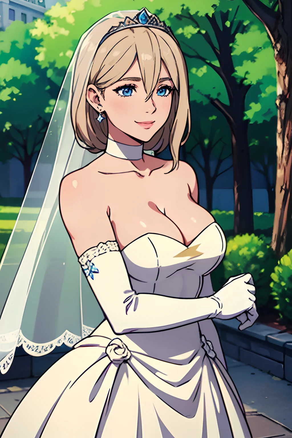 defMercedes, hair between eyes, ahoge, blue eyes, light hair, star \(symbol\), hair ornament, dress, cleavage, bare shoulders, collarbone, long white elbow gloves, white gloves, white dress, white choker, strapless, tiara, veil, strapless dress, wedding dress, bridal veil, beautiful woman, perfect body, perfect breasts, wearing a wedding dress, ball gown, in the park trees, wedding decorations, a in love smile, realism, masterpiece, textured skin, super detail, high detail, high quality, best quality, 1080p, 16k