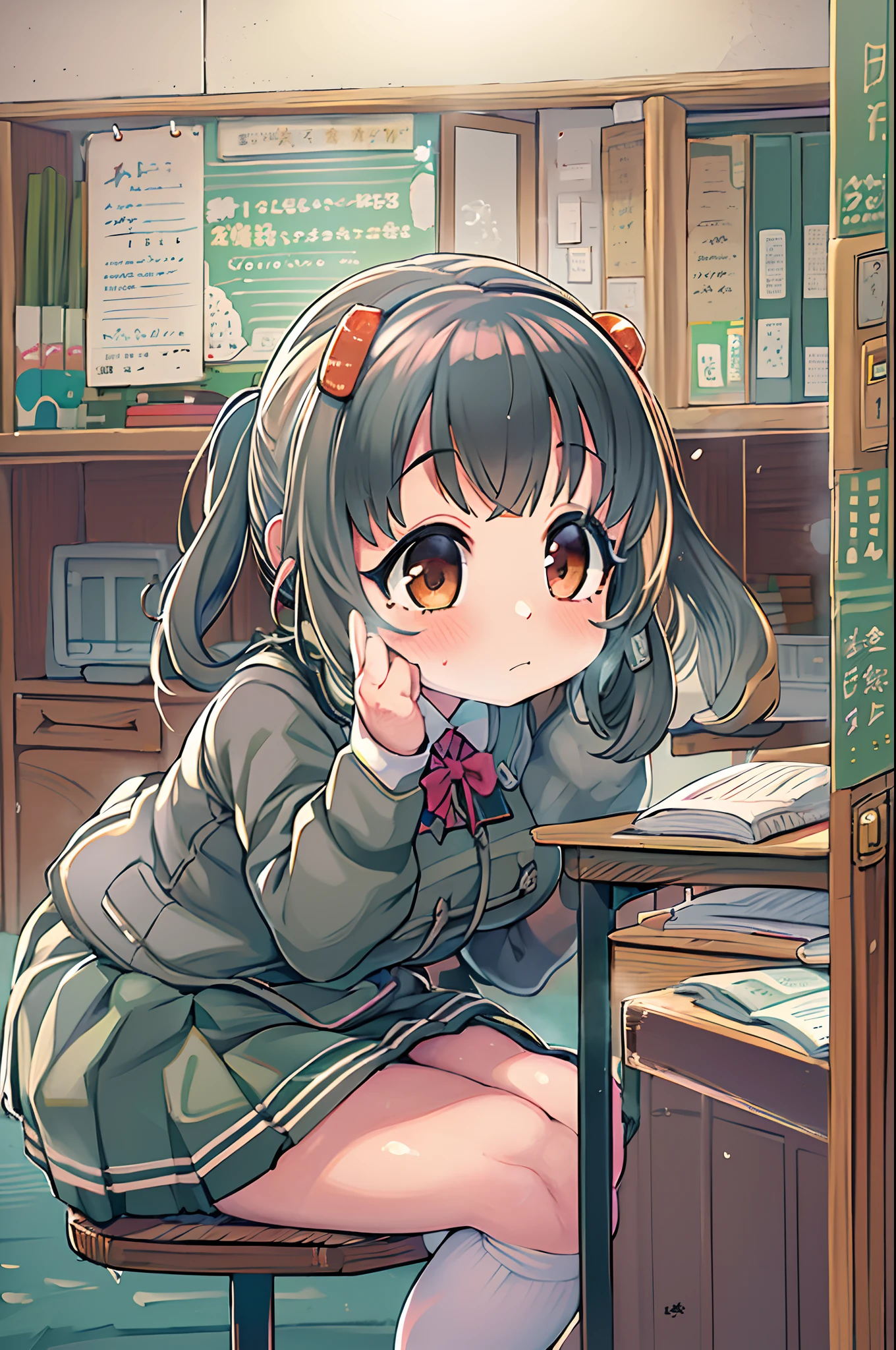 Anime girl sitting at desk in classroom with hand on chin, small curvy loli, Anime visuals of cute girls, Kantai Collection Style, anime moe art style, splash art anime loli, best anime 4k konachan wallpaper, the anime girl is crouching, Cute anime girl, shikamimi, small loli girl,Ultramammy、bbw