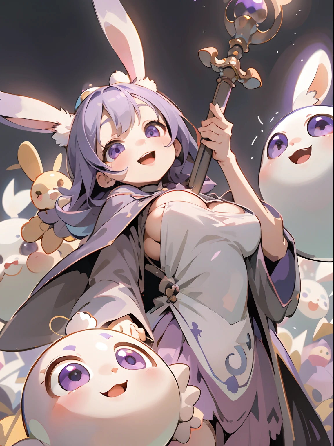 best qualtiy、Angle from below、1girl in、sideways Facing、Baby face、Smile with open mouth、Cute Wizard、Round cute eyes、big eye、Sauce order、Beautiful purple eyes、Rabbit ears、Wizard's Clothing、The wizard's big wand、Colossal tits、cleavage of the breast、Wizard Hat、Perch Pose、simple background、