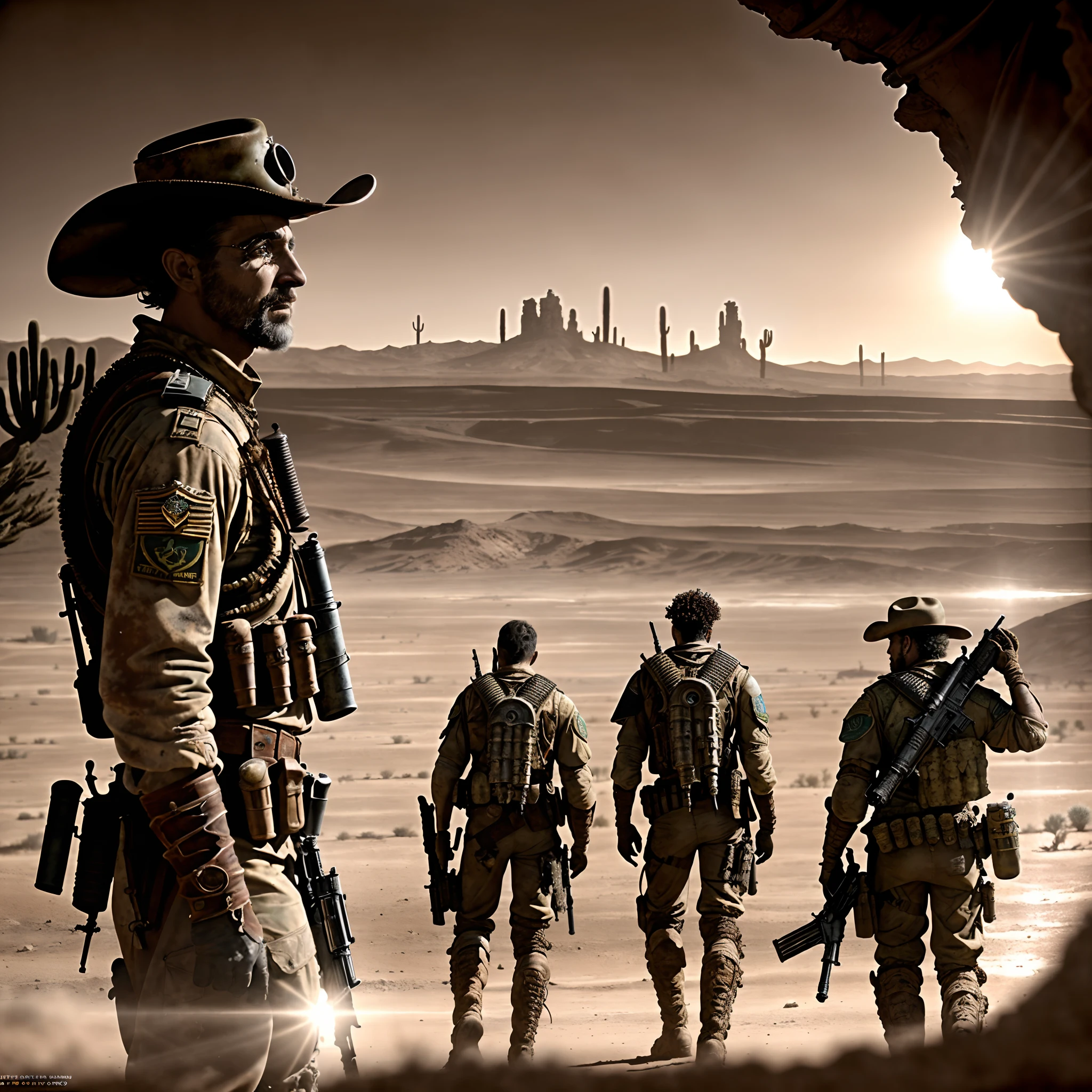 Masterpiece, Realistic, Photorealistic, Ultra Detailed, 8K, RAW photo, Depth of field, Realistic light, cinematic composition, skyscape, Four men close-up, desert rangers, "wasteland 2" game style, desert, broken walls, military outfit, post-apocalyptic landscape, postapocalyptic cityscape, cactuses, canon 6D