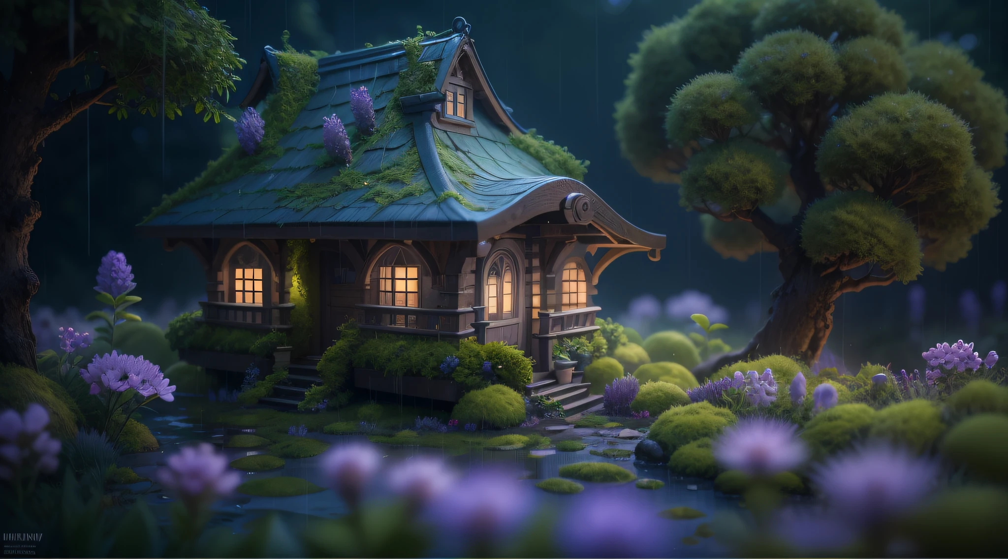 Imagine a small town on a rainy night, In the garden of the house, the street lights, Color, A little moss, Shady house in the forest in stormy weather, lavender, flower, Miki Asai Macro photography, Close-up, ultra - detailed, trending on artstationh, Sharp focus, studio photo, Intricate details, Highly detailed, by Greg Rutkowski