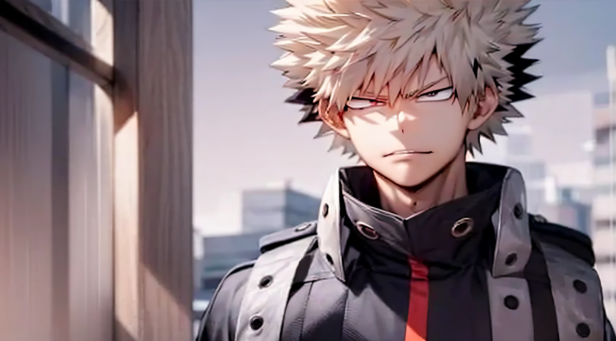 ((master part, Qualidade Superior, super definition, High definition)), Um Menino, Katsuki Bakugou,My Hero Academia,cabelos curtos loiros e olhos vermelhos, olhos brilhantes, olhos vermelhos perfeitos, 19 anos, tema platina preta,