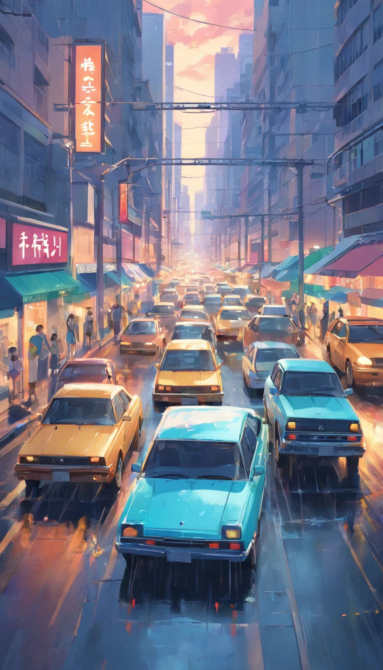 in the city, bad weather , stuck in a traffic jam, People inside cars frustrated.