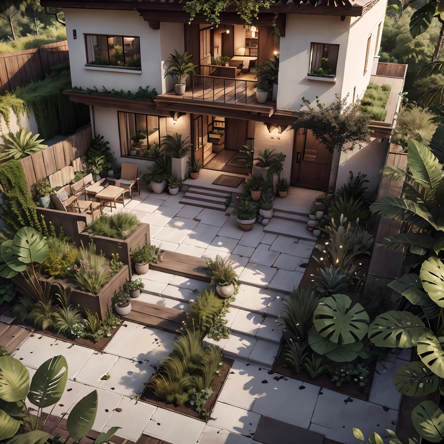 varanda,A spacious garden.(best quality,highres),(bright, vibrant colors),(detailed and realistic),wooden textures,large windows,cozy atmosphere,modern design,well-lit rooms,greenery,comfortable furniture,trellis-covered patio,open floor plan,sunlight streaming in,peaceful ambiance,fine craftsmanship,lush foliage.