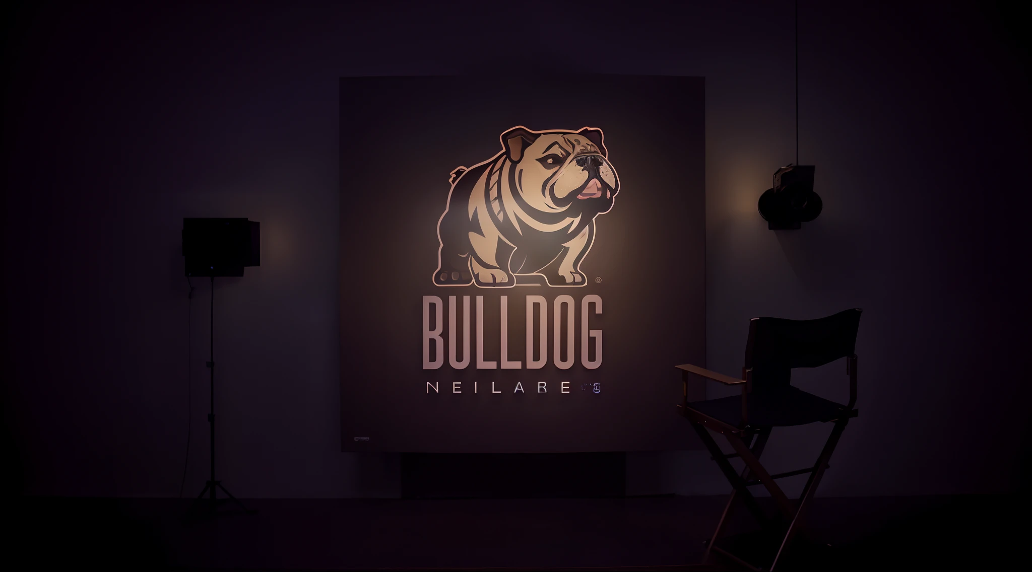 Hyper realistic a closeup of a chair in front of a wall with a bulldog on it, mascote tourodog estilo nba, Bullies, Film Studio, design de logotipo, major film production, design de conceito de logotipo, cena completa filmada, 2d solid shape logo, touro, design de logotipo profissional, Logotipo 3D, estilo de logotipo vetorizado, bigstudiovfx, television show