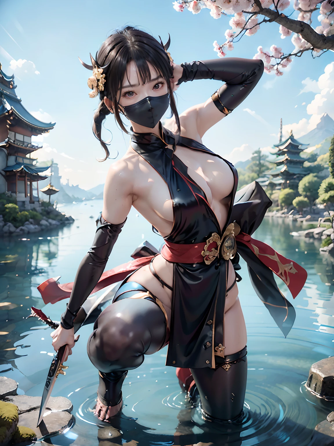 masutepiece,Best Quality , Close Shot, focus on girl,randome pose,A female ninja on her way to her enemy,Sexy Full Body, pony tail hair, skull drawing mask,Sexy Ninja Costumes, Holding a metal combat knife in your hand ,Japan Tower Rest,pond, The cherry tree, kunai and shuriken lay around ,8K,Detailed,Realistic,highly detailed 4k digital art,Octane Render, Biolumina, Break 8K resolution concept art, Realism,by Mappa Studios,official arts,Illustration,Clear Line,(Cool_Color),Perfect composition,absurderes, Fantasy,Focused,The Rule of Thirds
