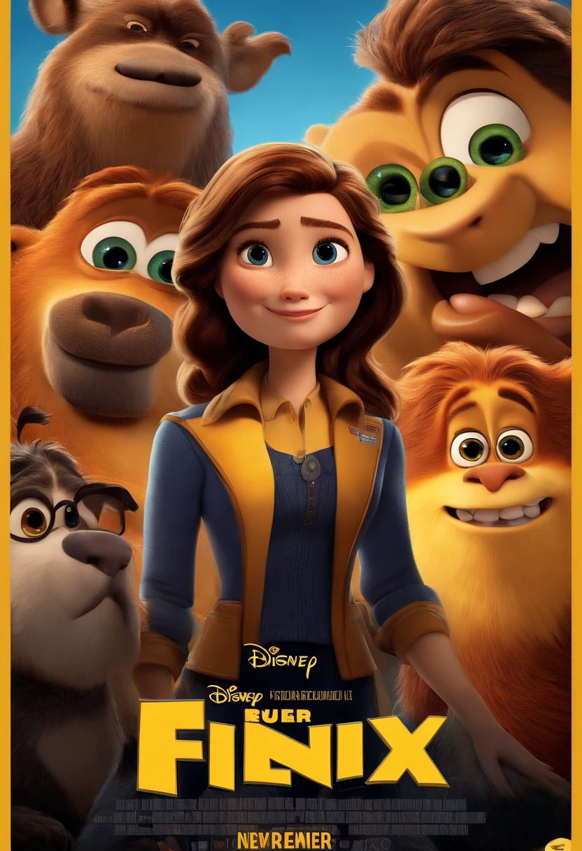 um poster no estilo disney pixar .personagem com olhos castanhos,cabelo curto ,usa jaqueta preta com amarelo, sentado na frente do computador , nome do poster e fenix social media
