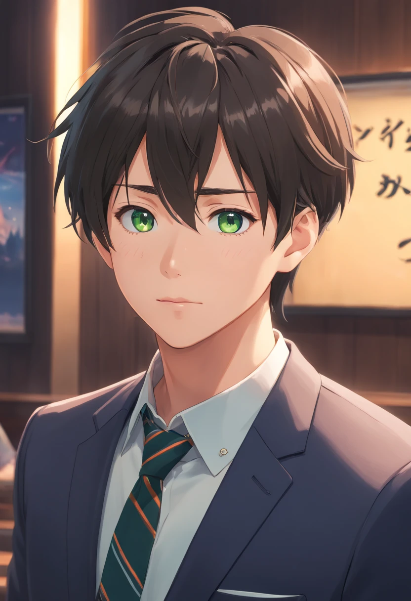 (best quality,4k,8k,highres,masterpiece:1.2),ultra-detailed,(realistic,photorealistic,photo-realistic:1.37),male,25-year-old,businessman,stoic expression,green eyes,short black hair,short beard,dressed in a suit,