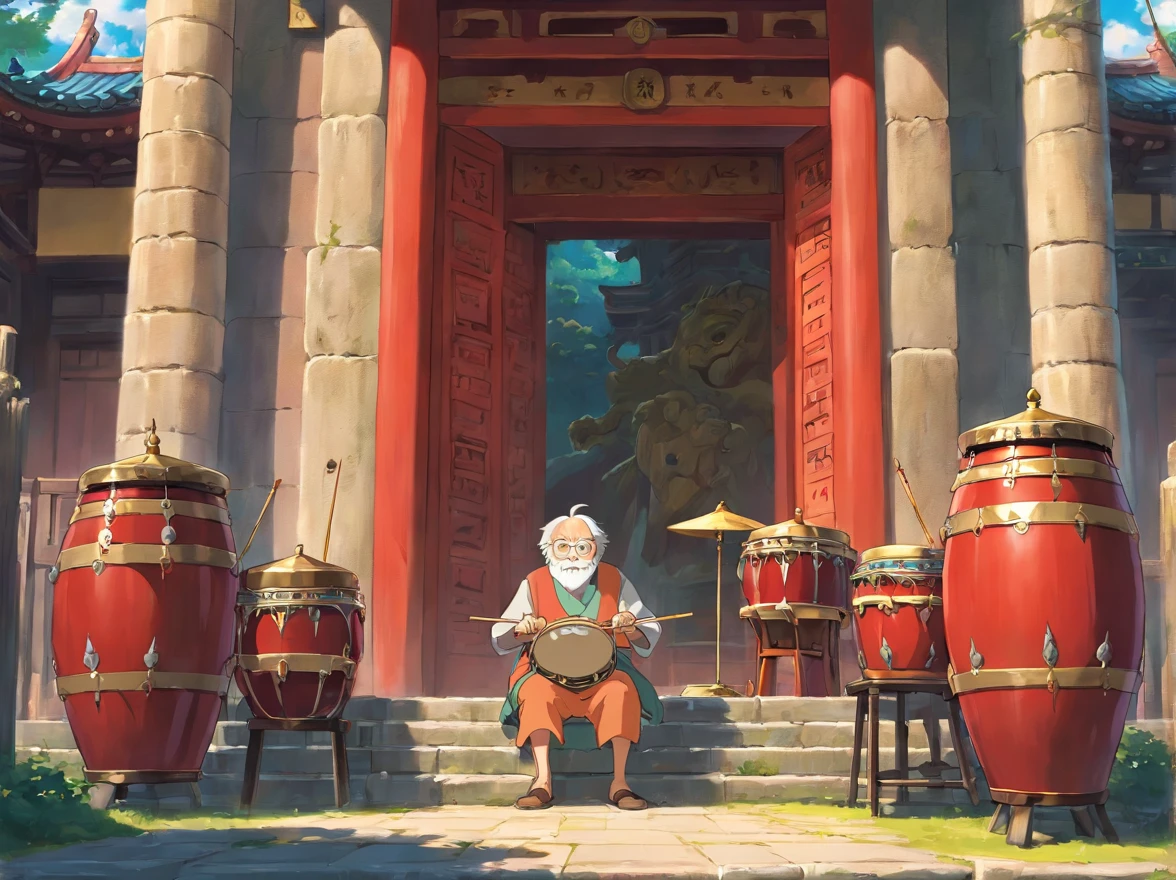 An old man in front of the temple played drums with a drumstick，Scare away monsters