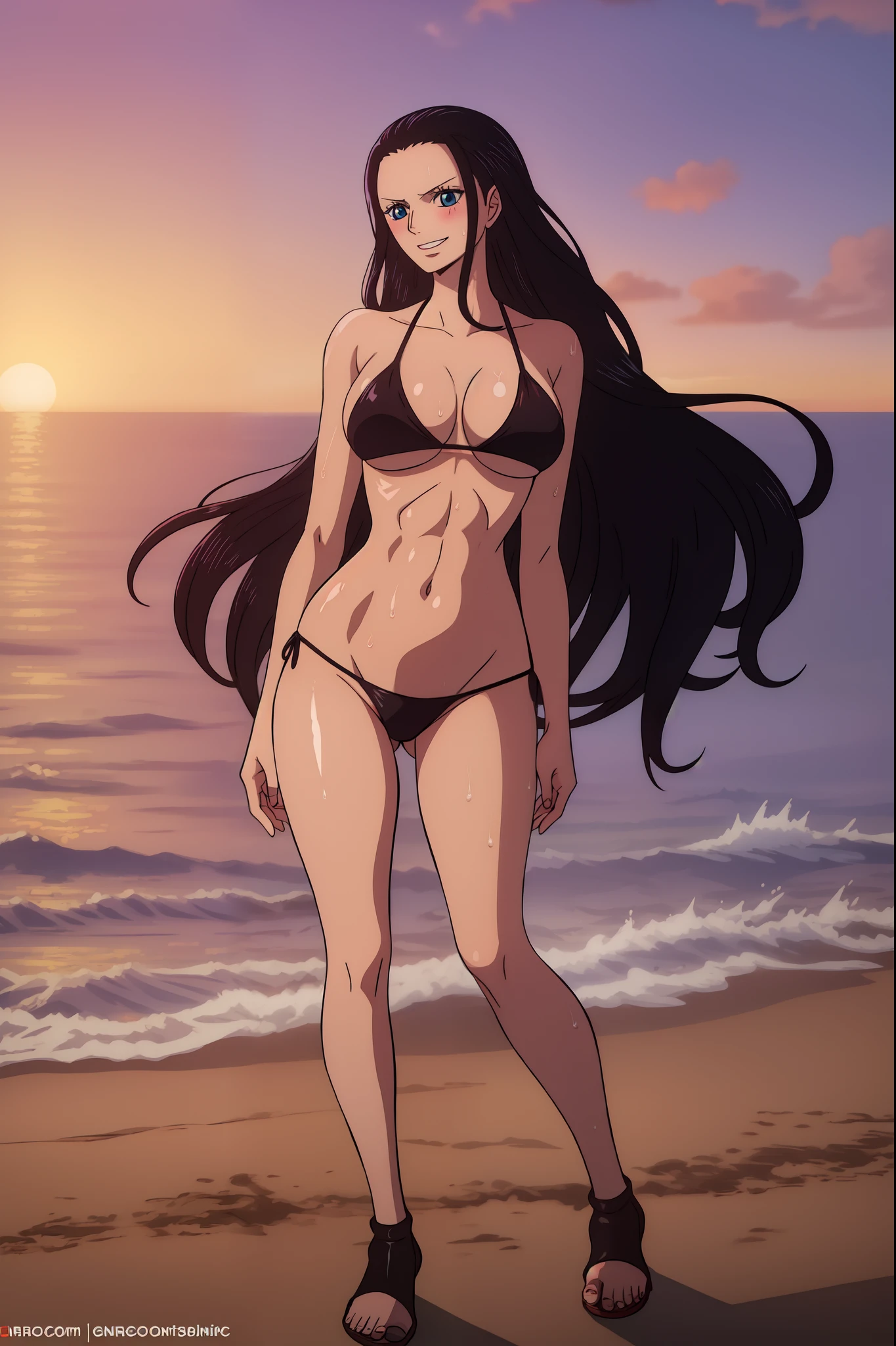 Nico Robin from one piece, black long hair, blue eyes, dark wide pupils, blushing, big breasts, side boobs, wearing thong bikini, standing in the beach, joyful expression, sunrise, shiny skin, wet body, abs,