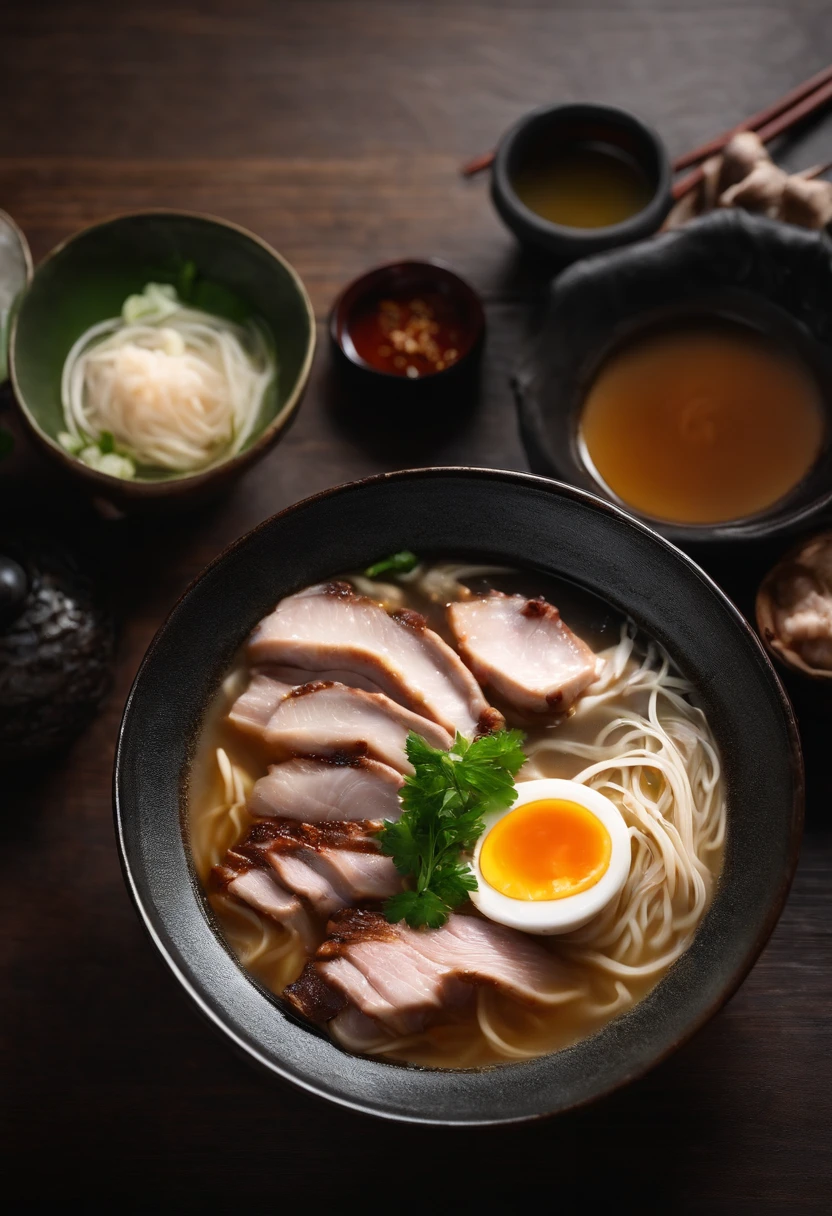 Tonkotsu Ramen, light, Pork bones, garlic, ginger, Pork back fat, And chicken carcasses, High-quality photography
