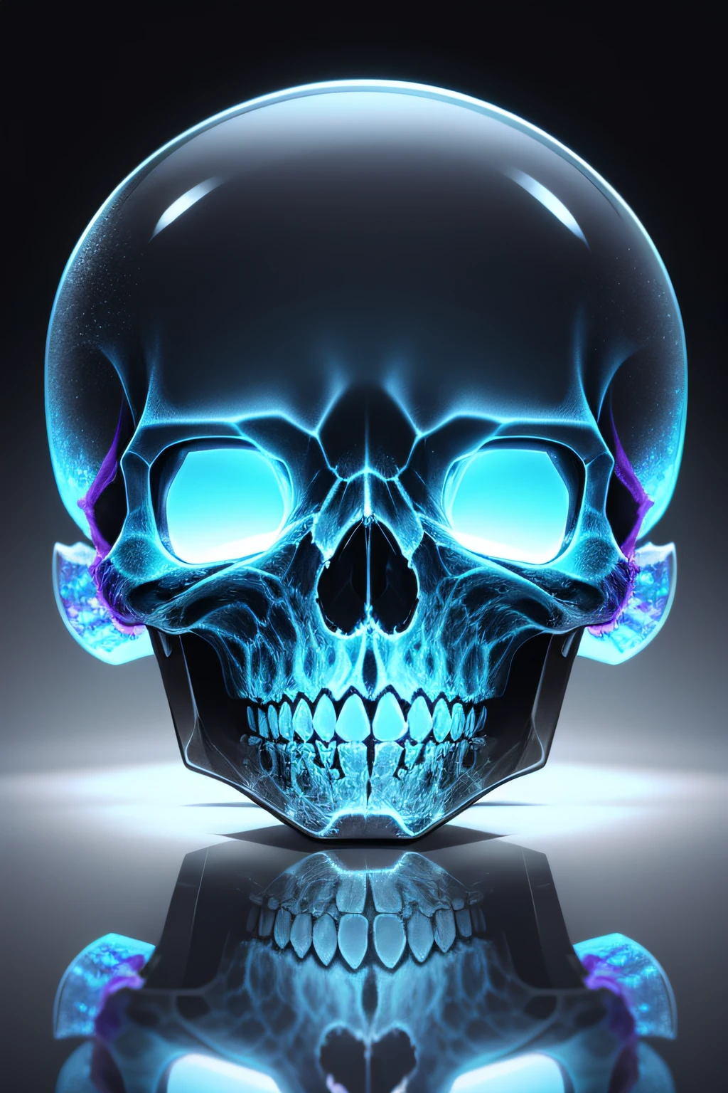 A magnificent alien skull like in the transparent glass films with reflections of multiple colors, it is very textured and detailed