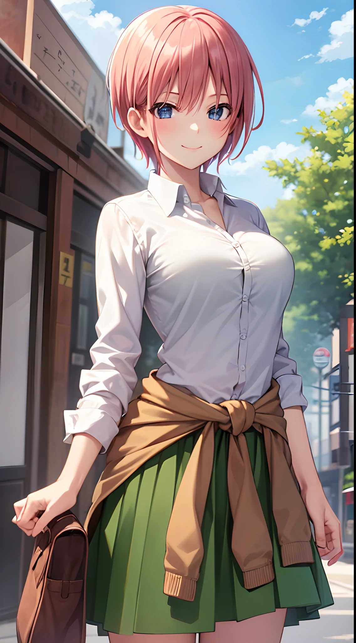2d, masterpiece, best quality, anime, highly detailed, 1girl, solo, cowboy shot, nakano ichika, pink hair, short hair, cardigan around waist, collared shirt, green skirt, miniskirt, medium breasts, standing, school, outdoors, smile