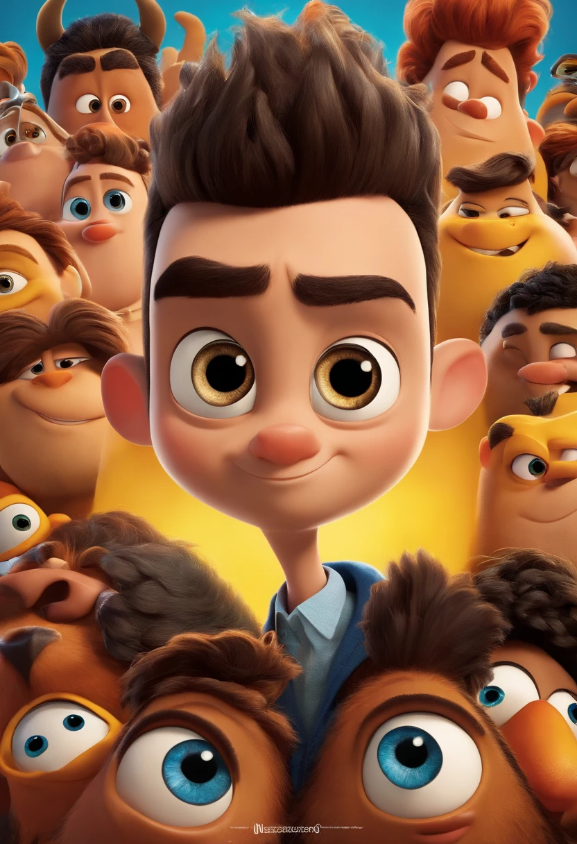 um poster  de filme  estilo disney pixar .personagem homen  com olhos castanhos,cabelo curto ,usa jaqueta preta com amarelo, sentado na frente do computador , nome do poster e fenix social media