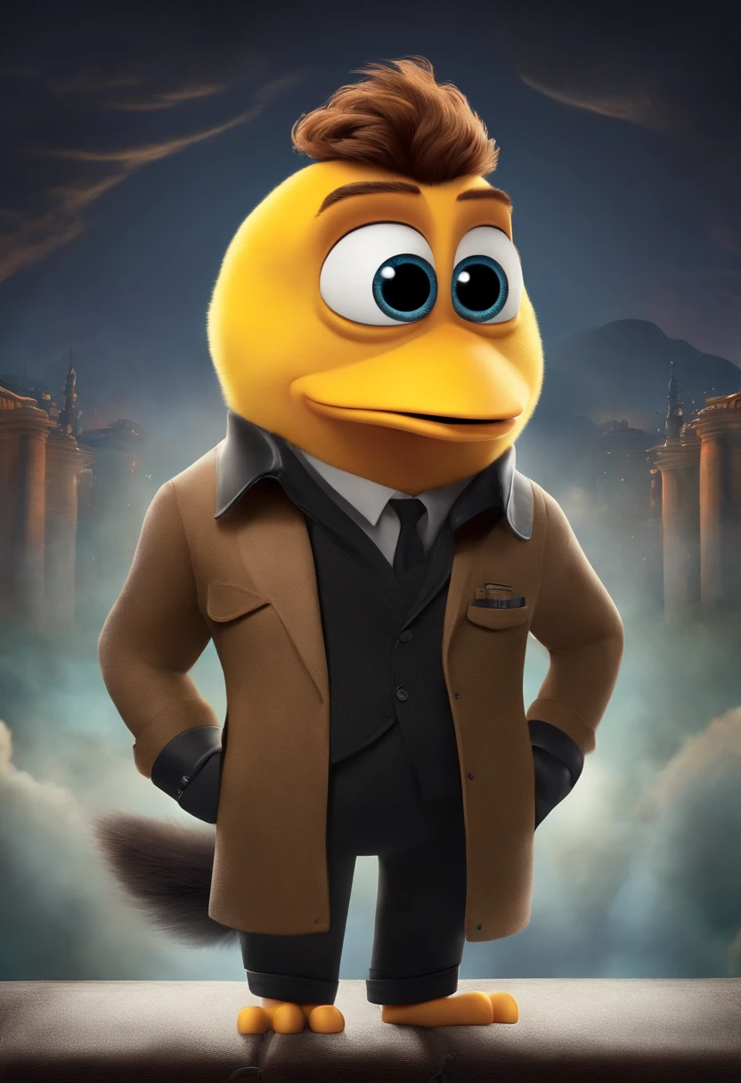 um poster de filme estilo disney pixar .personagem homen com olhos castanhos,cabelo curto ,usa jaqueta preta com amarelo, sentado na frente do computador , nome do poster e fenix social media