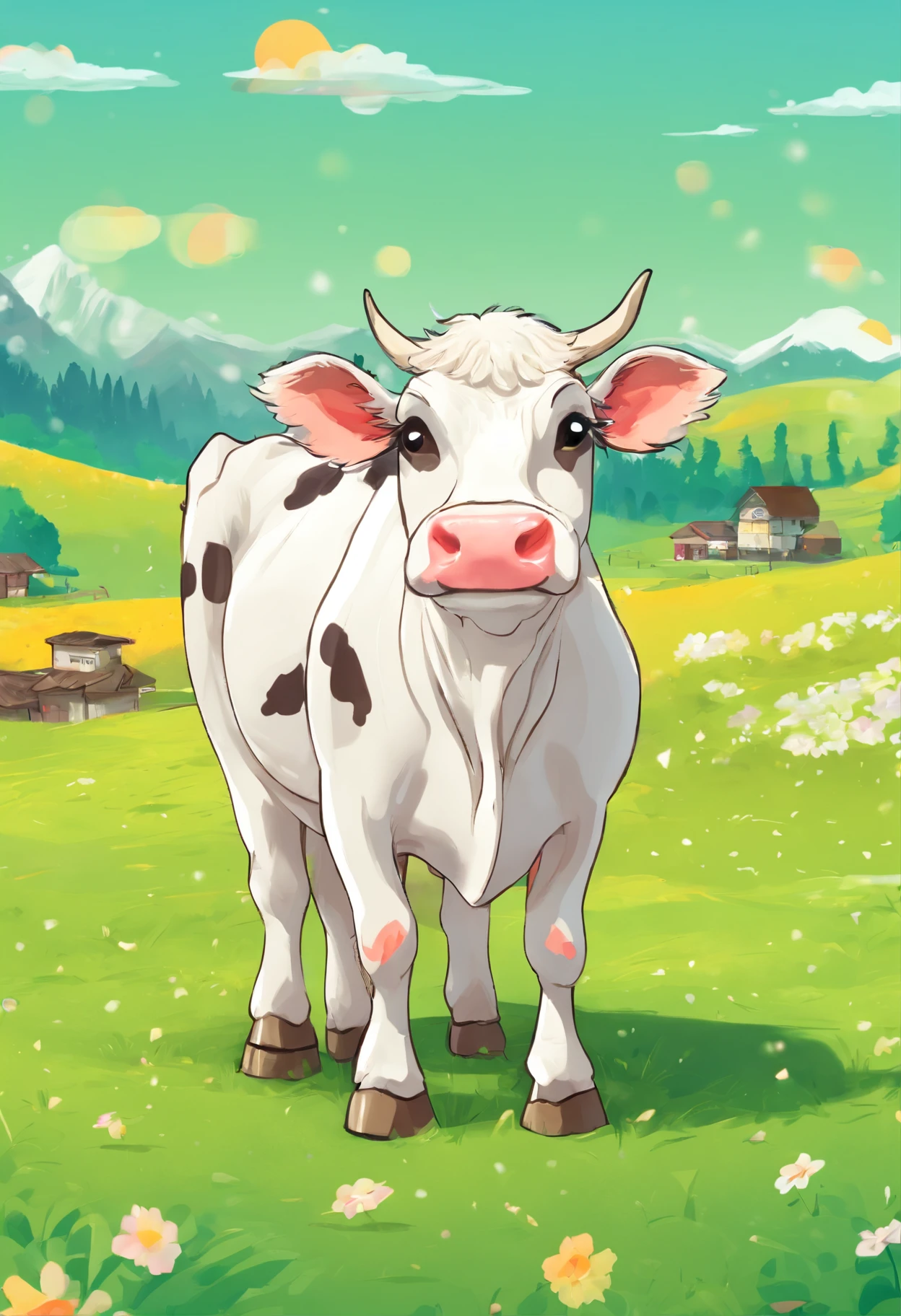 Super cute white cow with black spots standing, Green meadow, beautiful landscape, winter, springtime, letho, winter, Feed Factory, Photo of a long shot of a cow