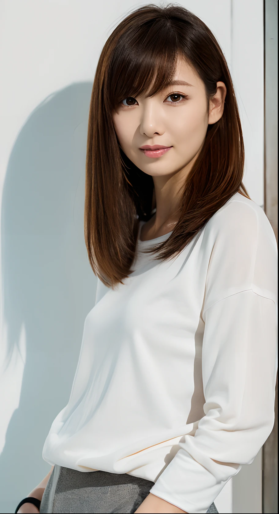 ((masterpiece,top-quality)), (photographrealistic:1.4),hight resolution, Japanese, 1 beautiful woman, Medium Hair, Layered hairstyle, faint thin bangs, Looking at Viewer, Smaller eyes, Age 34 years old, Detailed skin, long-sleeve, T-shirt, wide-leg pants, Standing, White background, White Room,white walls, fully body photo, chuckle