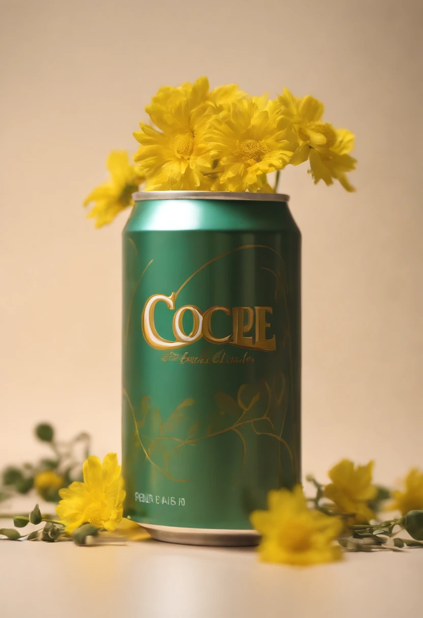A squashed Coke can with small yellow flowers inserted，Still life photography，professinal，high high quality