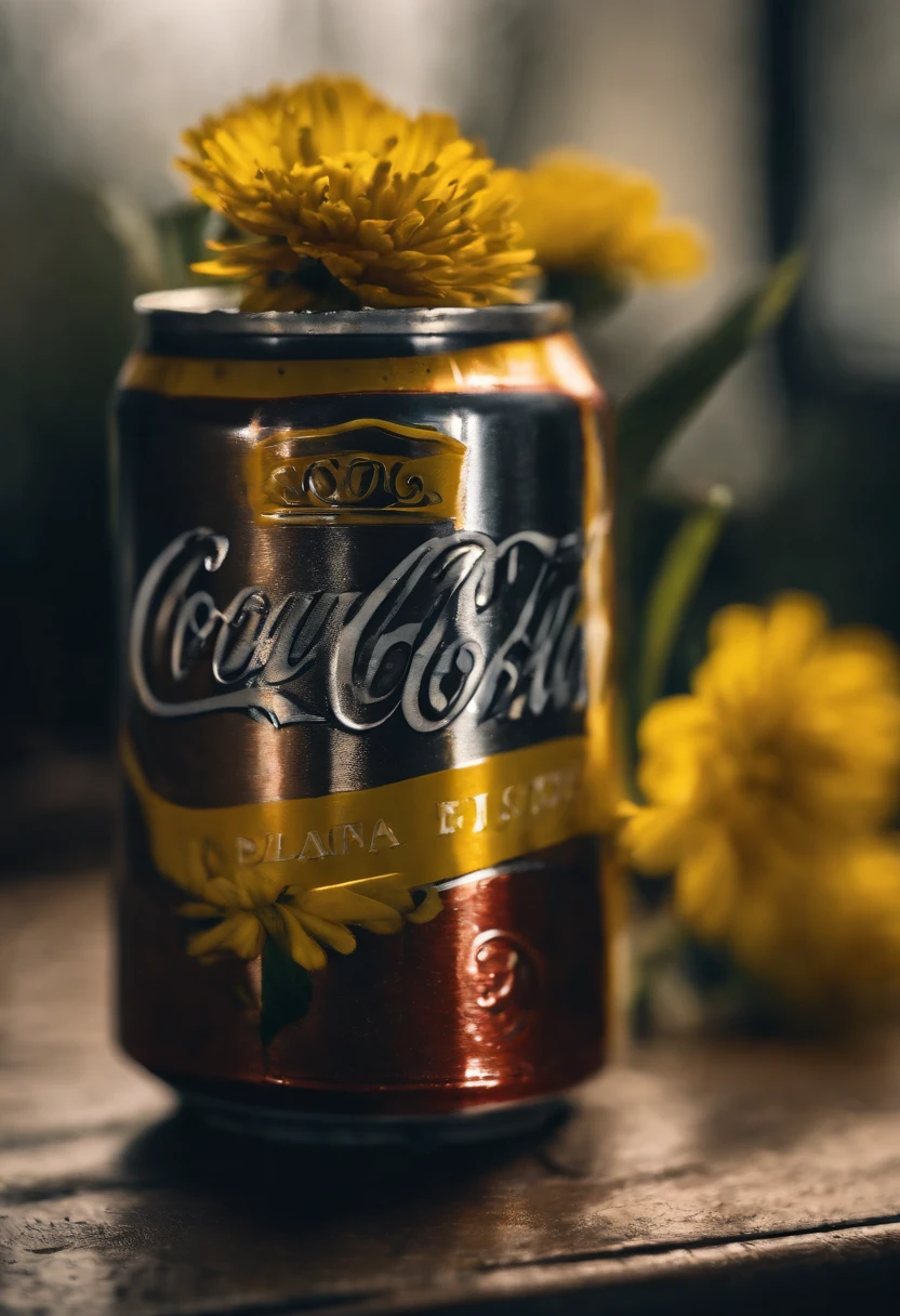 A squashed Coke can with small yellow flowers inserted，Still life photography，professinal，high high quality