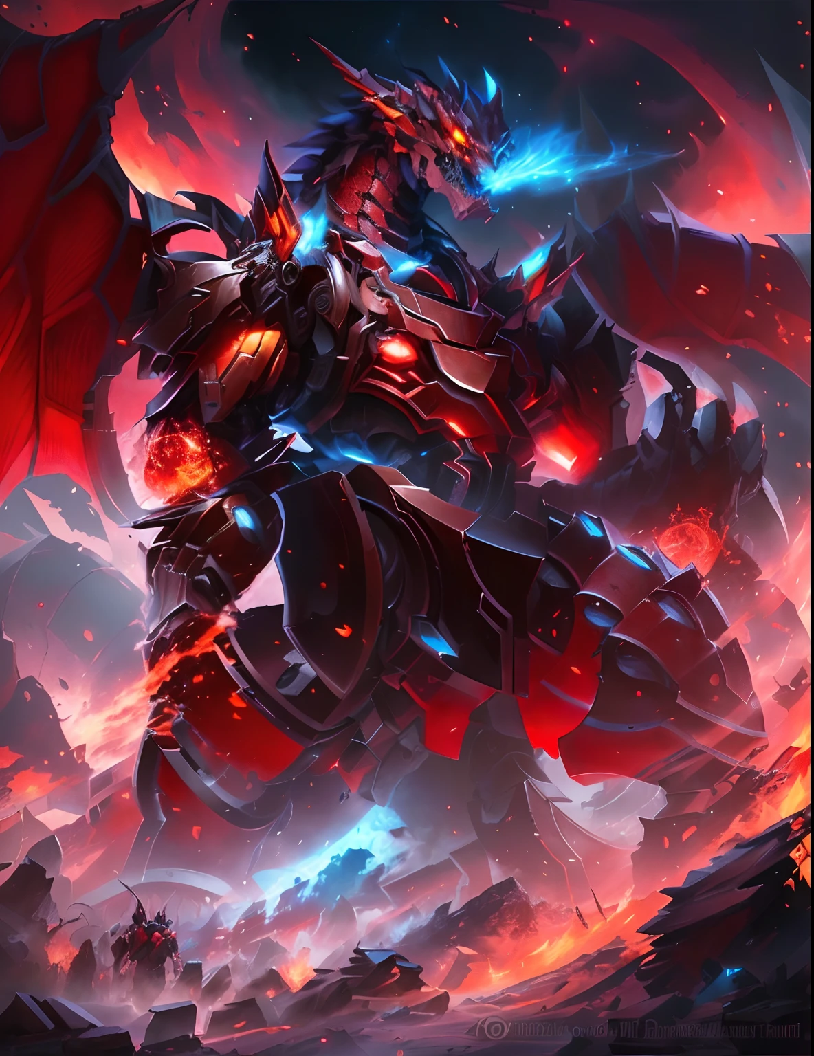 Hay un monstruo rojo y negro muy grande con una luz roja, well armored mech dragon, cyborg dragon portrait, Arte oficial de alto detalle, colossal dragon as background, Arte mecha, full art illustration, beautiful biomechanical djinn, Dios griego en estilo mecha, Female Female Dragon Head Robot, Cyborg Dragon, Slifer the dragon of the sky, Arte detallado del anime digital