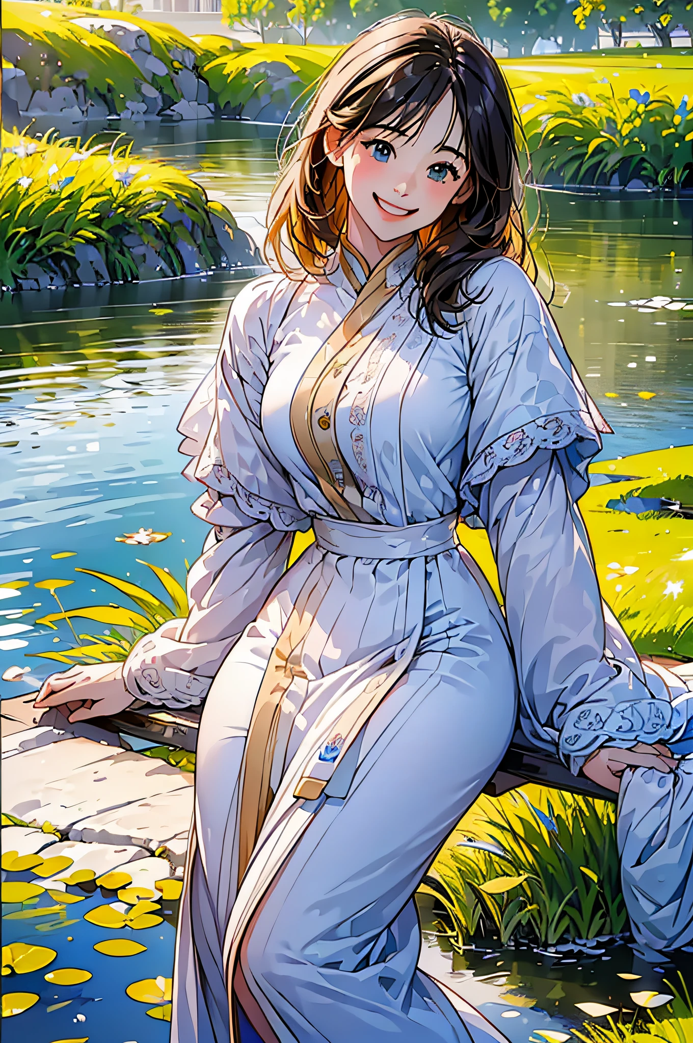 (in 8K、top-quality、masterpiece:1.2)、1人の女性、(Smiling smile:1.1)、beautidful eyes、Valley、The upper part of the body、shorth hair、Like a boy、Colossal tits、Green View、