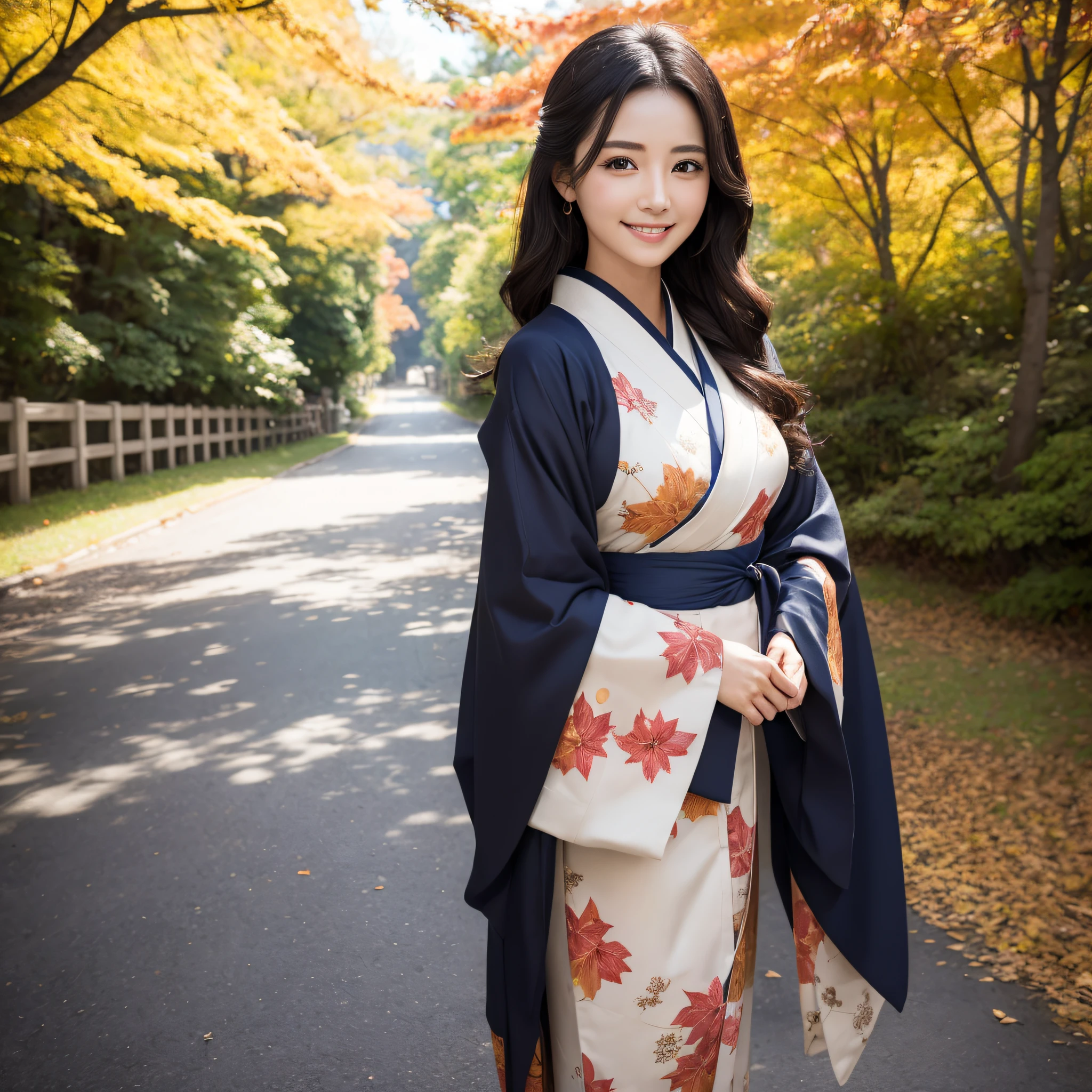 (Super beautiful woman in kimono)、((best qualtiy、8k masterpieces:1.3))、foco nítido:1.2、(ultra beautiful faces:1.0)、(shinny skin:1.0)、photos realistic、A dark-haired、Video Lighting、High-definition eyes and face、Video Lighting、Japanese actressl、from the front side、medium breasts、With a happy smile、wearing kimonos、Under the autumn leaves、