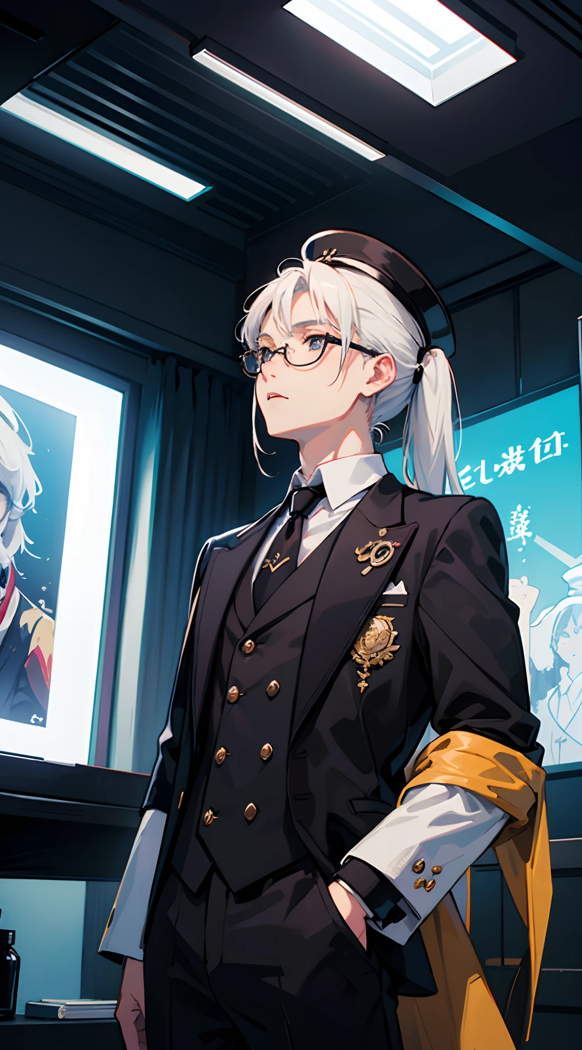 Japan Teen Boys、Round glasses、white hair、poneyTail、Black mesh、tailcoat、neck tie、Hats、Gentle expression、Dark machine like iPhone interior in background、looking upwards