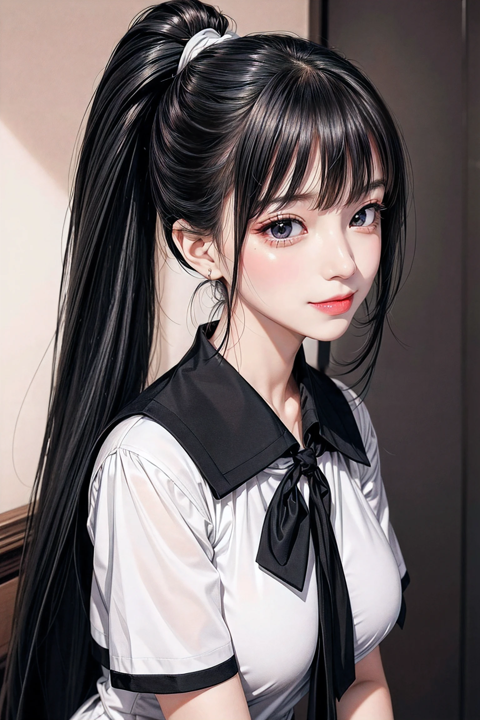 ((High Ponytail:1.5)),(((Blunt bangs,Straight bangs:1.1))),(((Very long black hair, Ridiculously long black hair:1.1))),Simple white background, School uniform, serafuku,red necktie,鎖骨, cleavage, (Bare_Neck:1.5), black thighhighs,Short sleeves, Navy blue and white shirt ,Puffy sleeves,a sailor suit,blue sailor collar, Blue skirt, Black hair, Blunt bangs,Long hair,Brown eyes, 1 girl, 20yr old,infp young woman,Beautiful Finger,Beautiful long legs,Beautiful body, Beautiful nose,Beautiful character design, Perfect eyes, Perfect face,Expressive eyes,Perfect balance, Looking at Viewer,(Focus on her face),Closed mouth, (Innocent_Big_Eyes:1.0),(light_Smile:0.3), Official art,Highly detailed CG Unity 8K wallpaper, Perfect Lighting,Colorful, Bright_front_Face_Lighting,White skin, (masutepiece:1.0),(best_quality:1.0), 超A high resolution,4K,Ultra-detailed, Photography, 8K, nffsw, hight resolution, absurderes:1.2, Kodak Portra 400, Film grain, Blurry background, Bokeh:1.2, Lens Flare, (Vibrant_Color:1.2),professional photograpy, (Beautiful,Large_breasts:1.4), (Beautiful_Face:1.5),(narrow_waist),