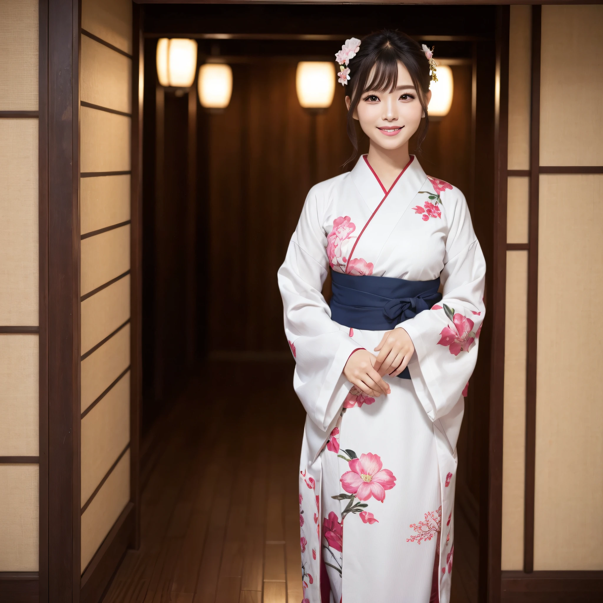 Beautiful woman in neat Japanese clothes、((best qualtiy、8k masterpieces:1.3))、foco nítido:1.2、(ultra beautiful faces:1.0)、(shinny skin:1.0)、photos realistic、A dark-haired、Video Lighting、High-definition eyes and face、Video Lighting、Japan Idol Actress、from the front side、medium breasts、Smile、Slender Abs Beauty、Whole body、In furisode