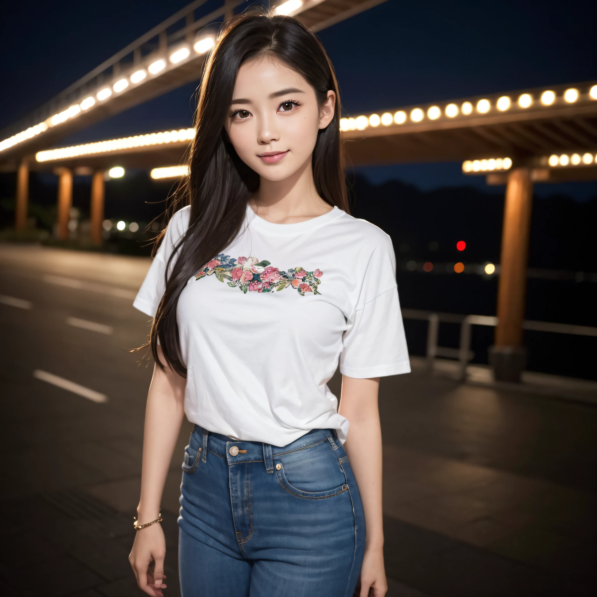 One lady、((best qualtiy、8k masterpieces:1.3))、foco nítido:1.2、(ultra beautiful faces:1.0)、(shinny skin:1.0)、photos realistic、A dark-haired、Video Lighting、High-definition eyes and face、Video Lighting、Japanese cute actress)、from the front side、medium breasts、Smile、Slender Abs Beauty、Whole body、wearing t-shirts、in tokyo at night