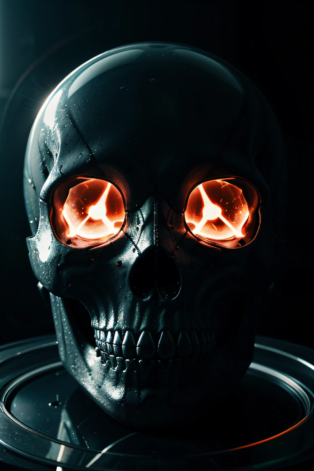 A magnificent alien skull like in the transparent glass films with reflections of multiple colors, it is very textured and detailed