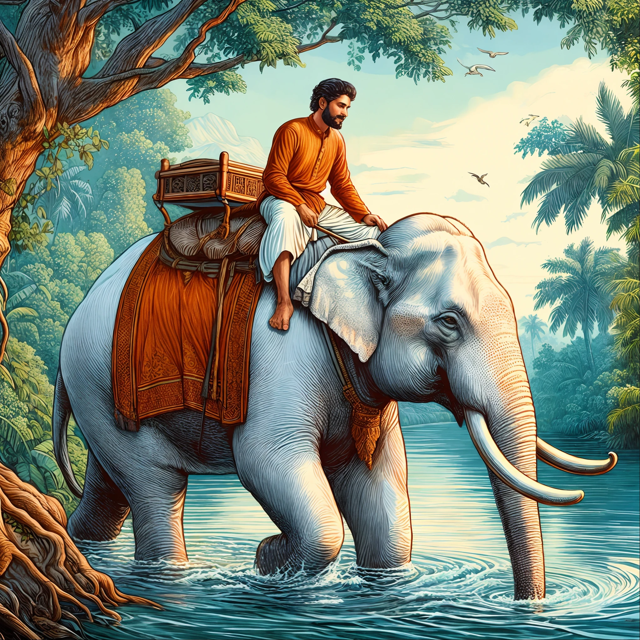 there is a man riding an elephant in the water, by Max Dauthendey, inspired by Raja Ravi Varma, a beautiful artwork illustration, by Kerembeyit, an enormous elephant king, cyril rolando and m. w kaluta, cyril rolando and m.w kaluta, by Howard Lyon, kerala motifs, an elephant king