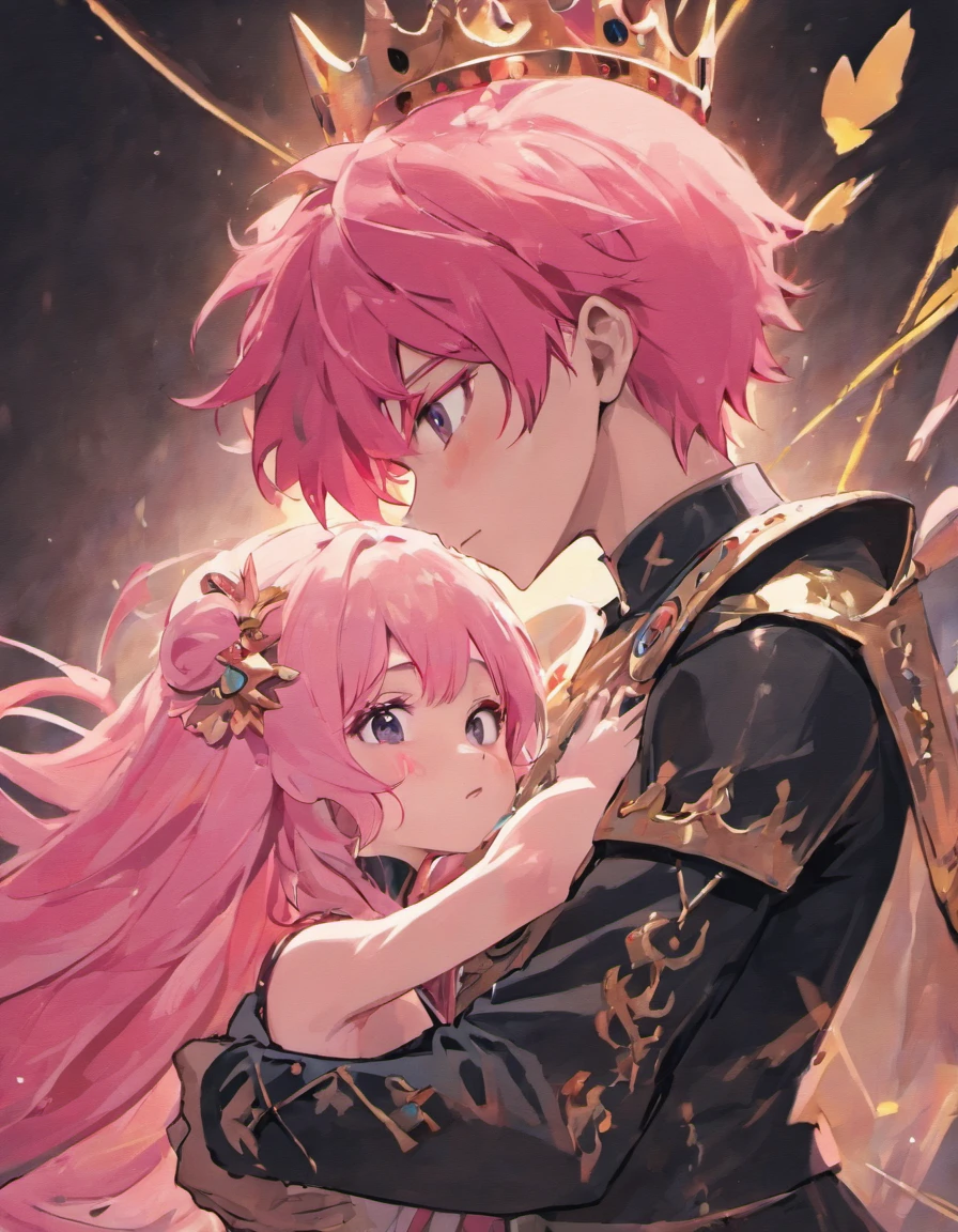 girl and boy, princess, pink hair, black eye, In the arms of a black-haired knight, crown on his head, love