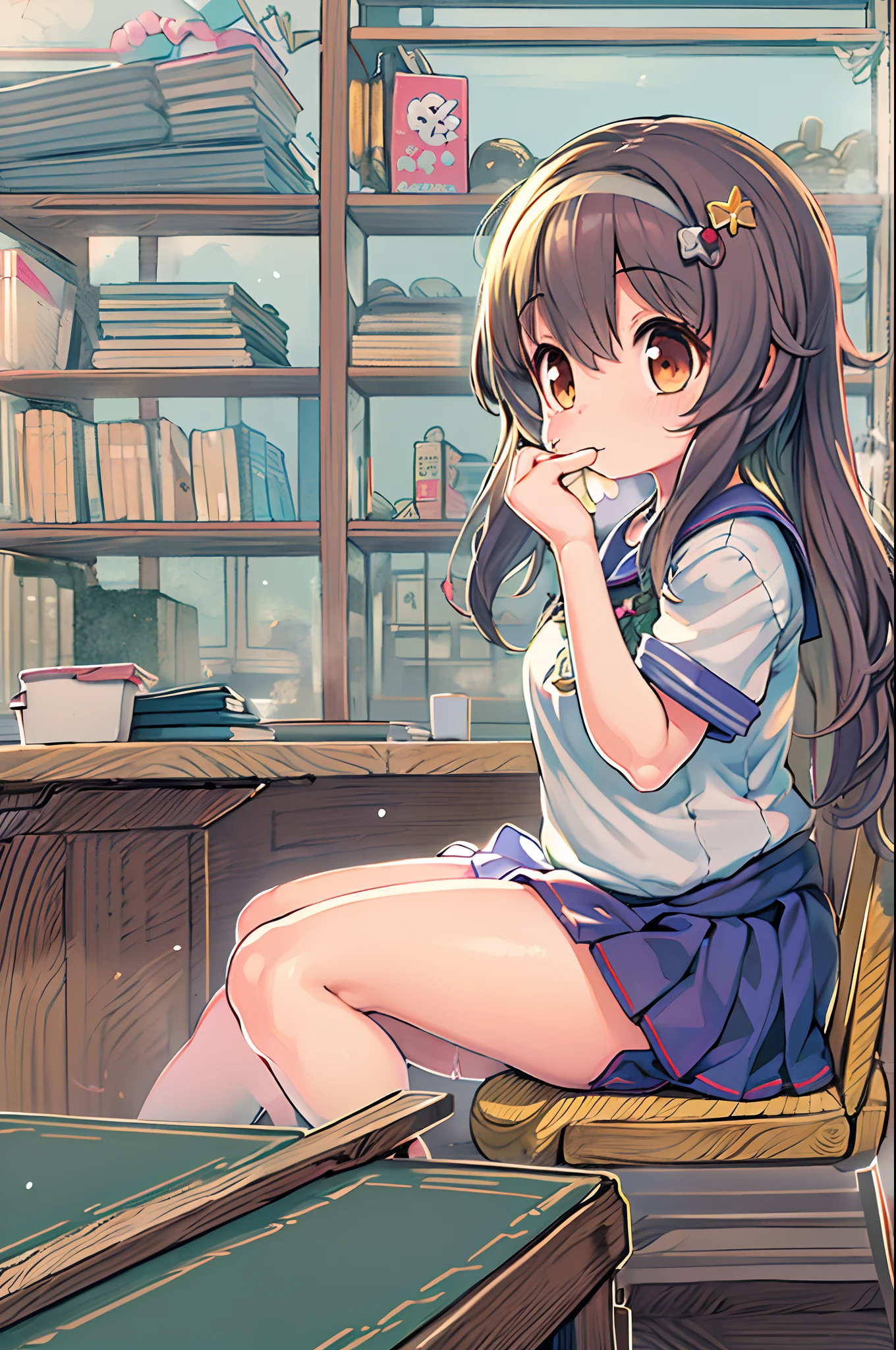 ((masutepiece, Best Quality)),Best aesthetic,1girl in, School uniform, desk work, Sitting, School Desk, Brown hair, crass room, Long hair, Indoors, Chair, Looking at Viewer, :P, Solo Focus, Brown eyes, Skirt, Long sleeves, Pencil, 1 boy, pencil case, paper, black serafuku, Multiple girls, Pleated skirt, Sailor collar, Bangs, head rest, School bag, school chair,huge-breasted、bbw、thick thight、big butts